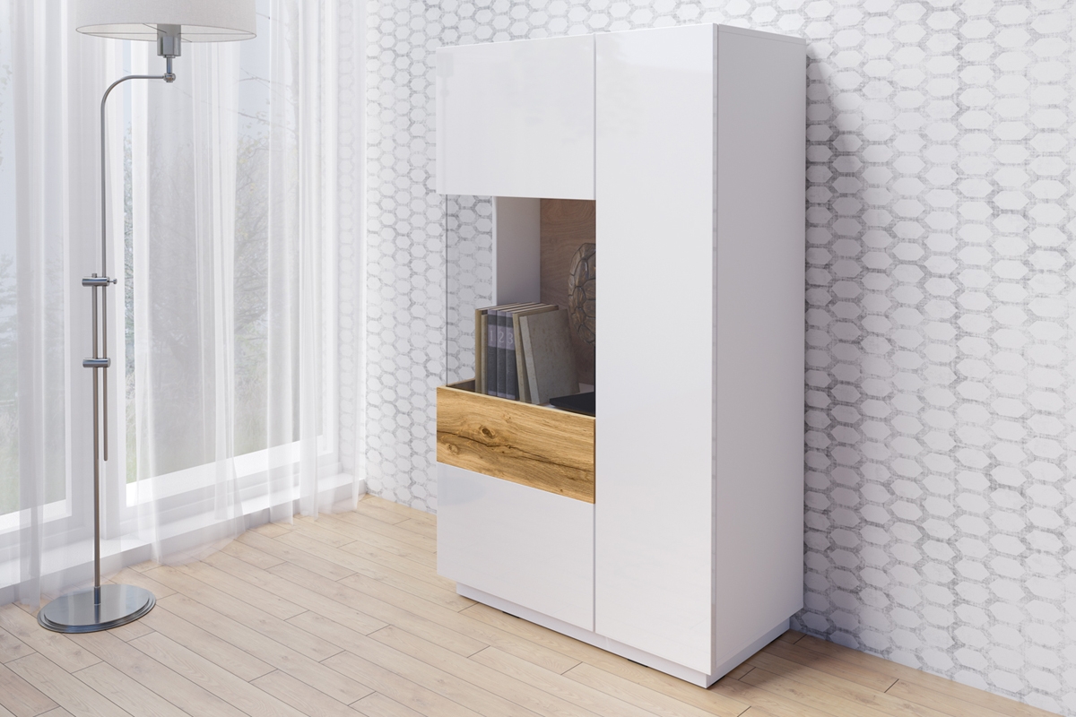 Dvoudveřová vitrína levá Silke 42 - bílý lesk / dub wotan bílý Nábytek do obývacího pokoje