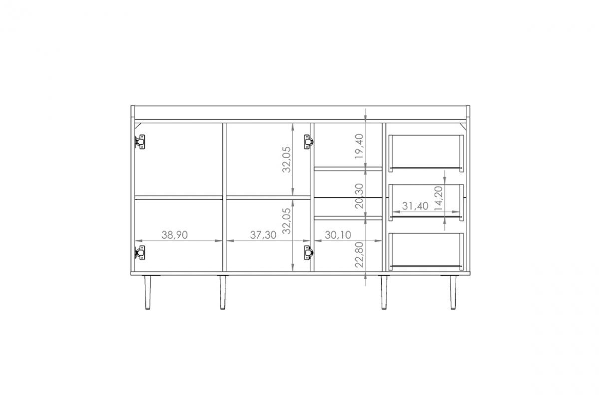 Komoda dvojdverová s tromi zásuvkami Kastelio - brandy castello Komoda na czarych nogach