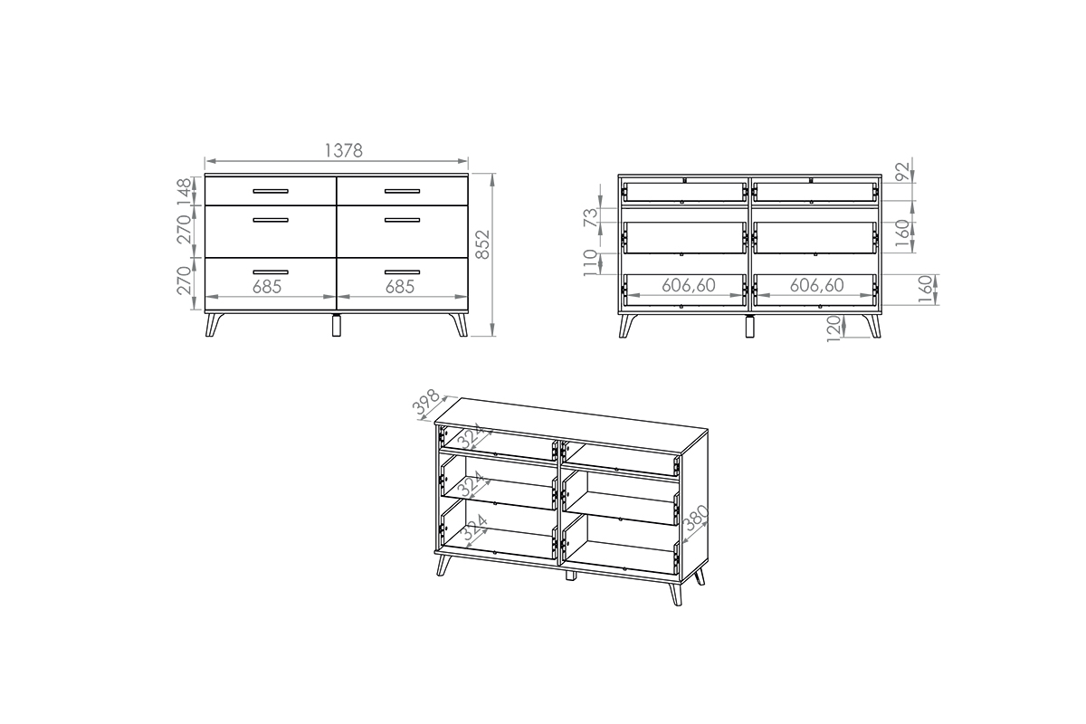 Komoda z szescioma zásuvkami Beten Komoda z szescioma zásuvkami Secco - Rozmery