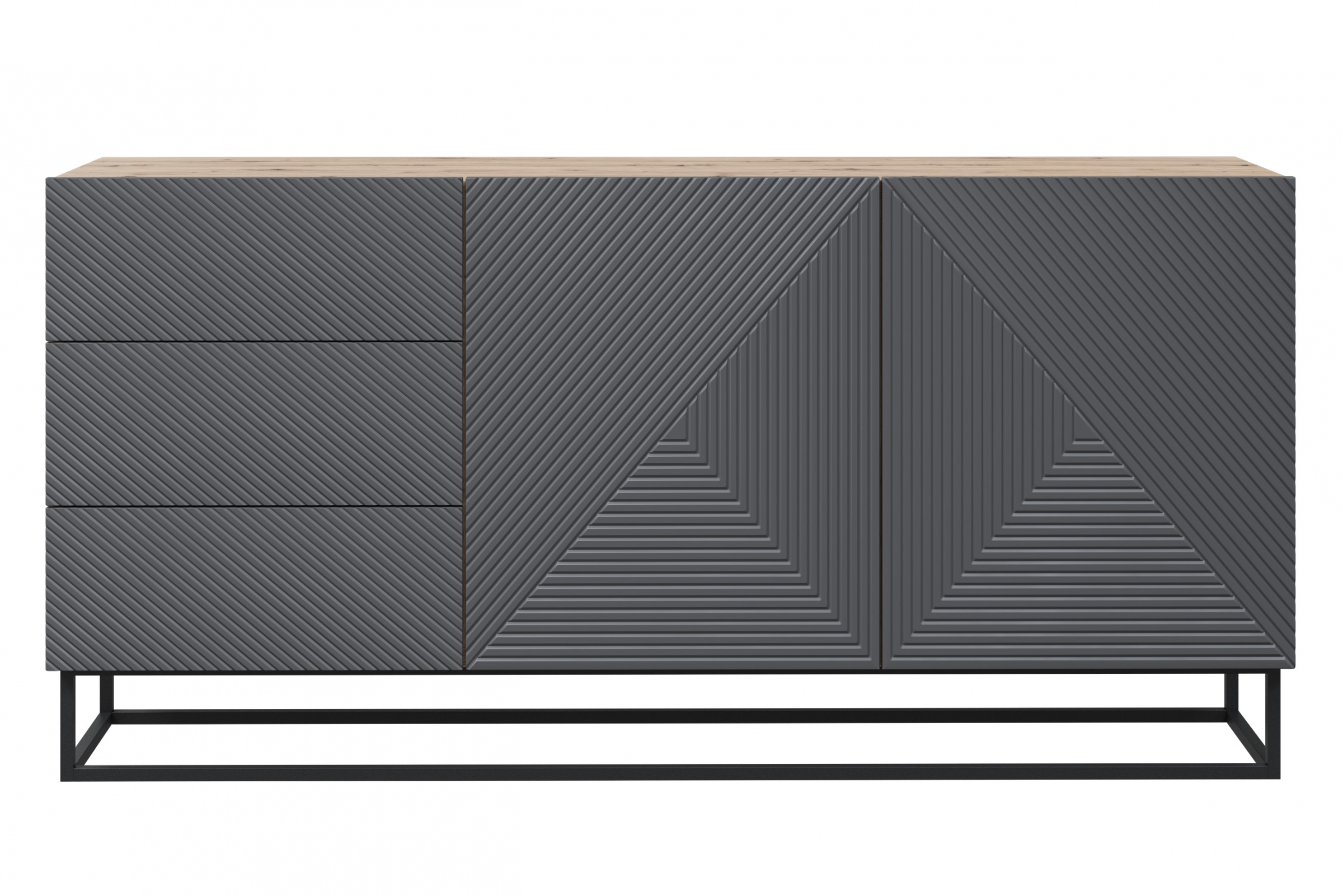 Komoda Asha 167 cm - dub artisan / rivier stone mat / černý kovový podstavec Komoda se zásuvkami Asha 167 cm - artisan / rivier stone mat