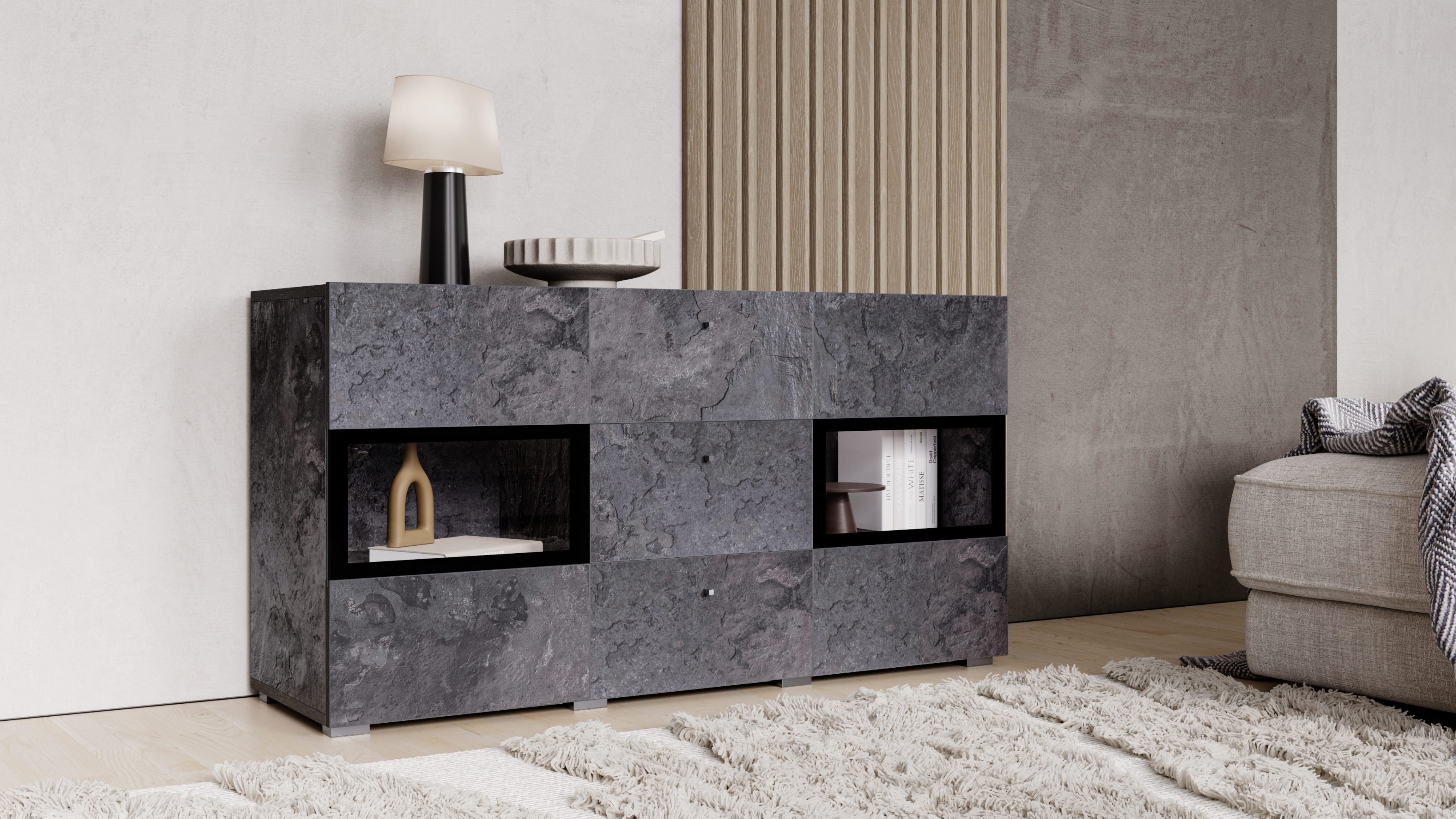 Komoda so zásuvkami Baros 26 - 132 cm - tmavý beton / schiefer Komoda so zásuvkami Baros 26 - 132 cm - tmavý beton / schiefer