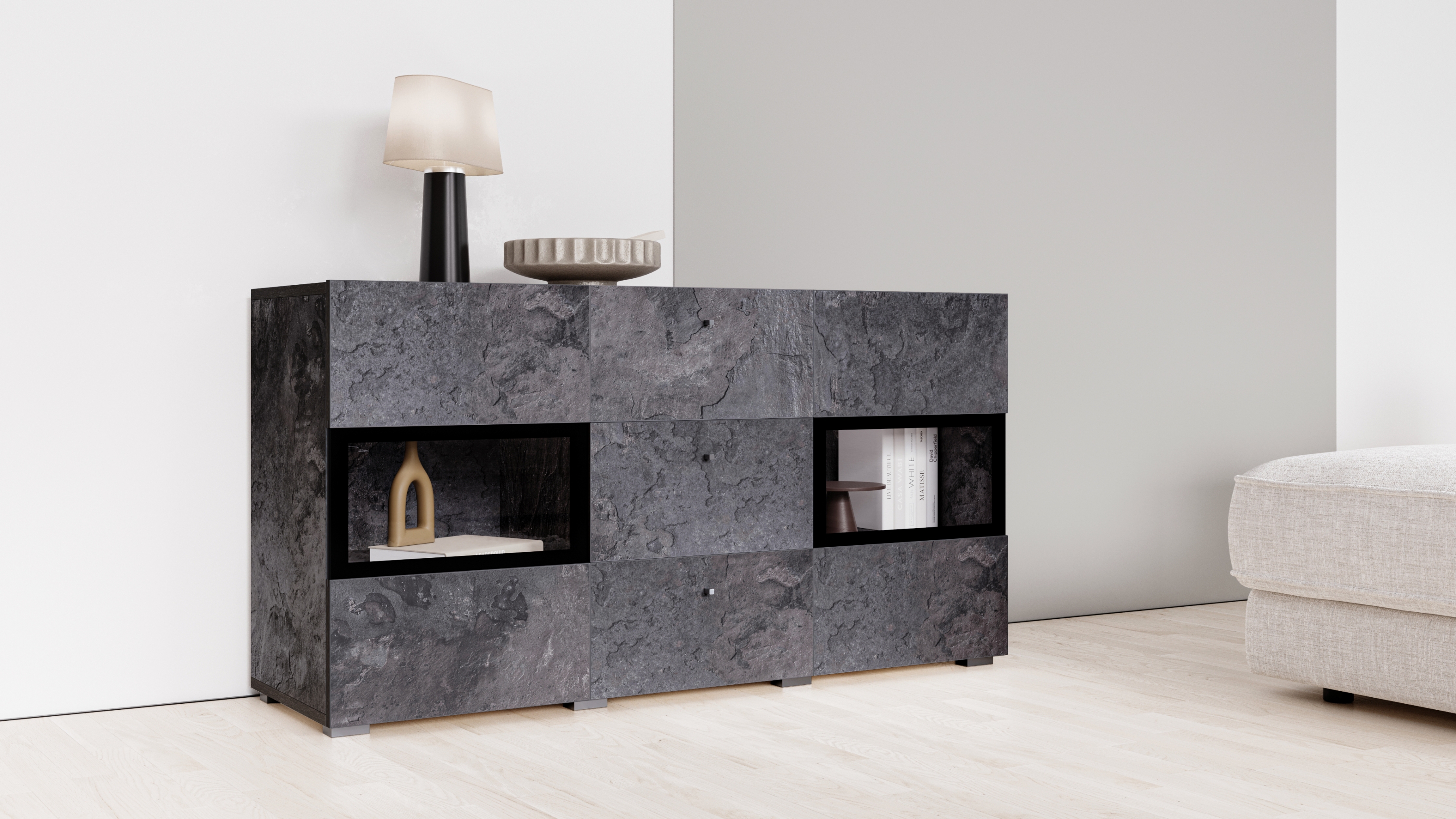 Komoda so zásuvkami Baros 26 - 132 cm - tmavý beton / schiefer Komoda so zásuvkami Baros 26 - 132 cm - tmavý beton / schiefer