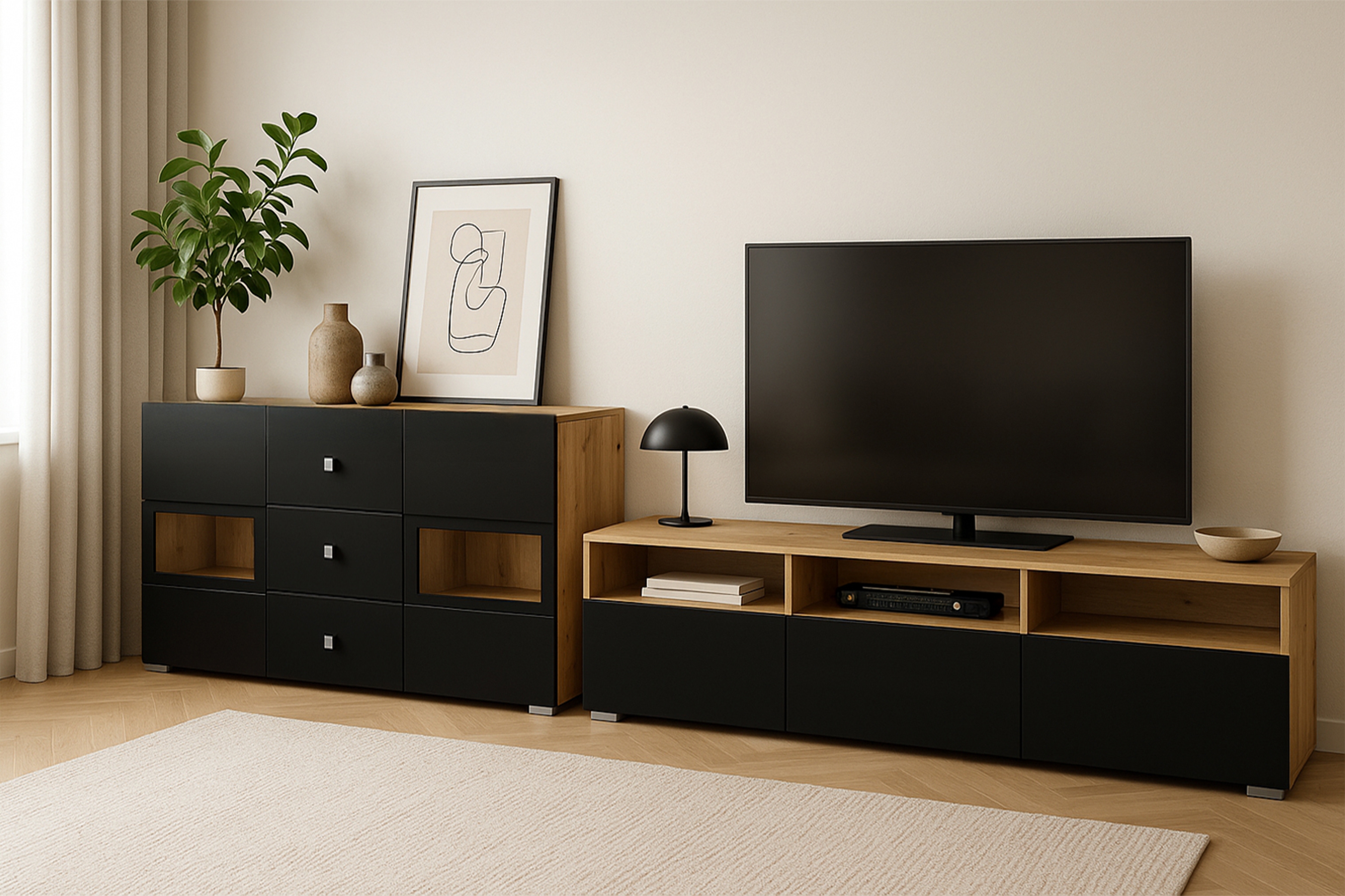 Komoda Baros 26 132 cm so zásuvkami - dub artisan / čierny mat Komoda so zásuvkami Baros 26 - 132 cm - Dub artisan / Čierny mat