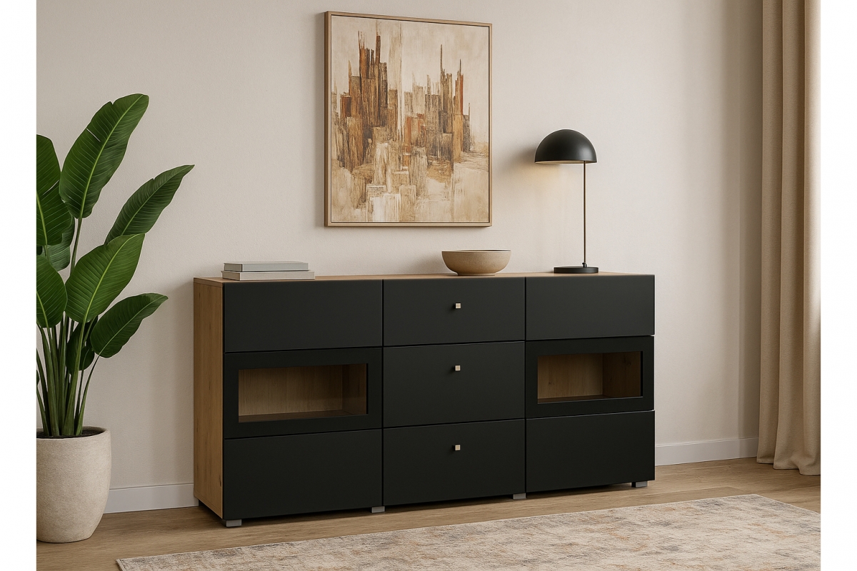 Komoda Baros 26 132 cm so zásuvkami - dub artisan / čierny mat Komoda so zásuvkami Baros 26 - 132 cm - Dub artisan / Čierny mat