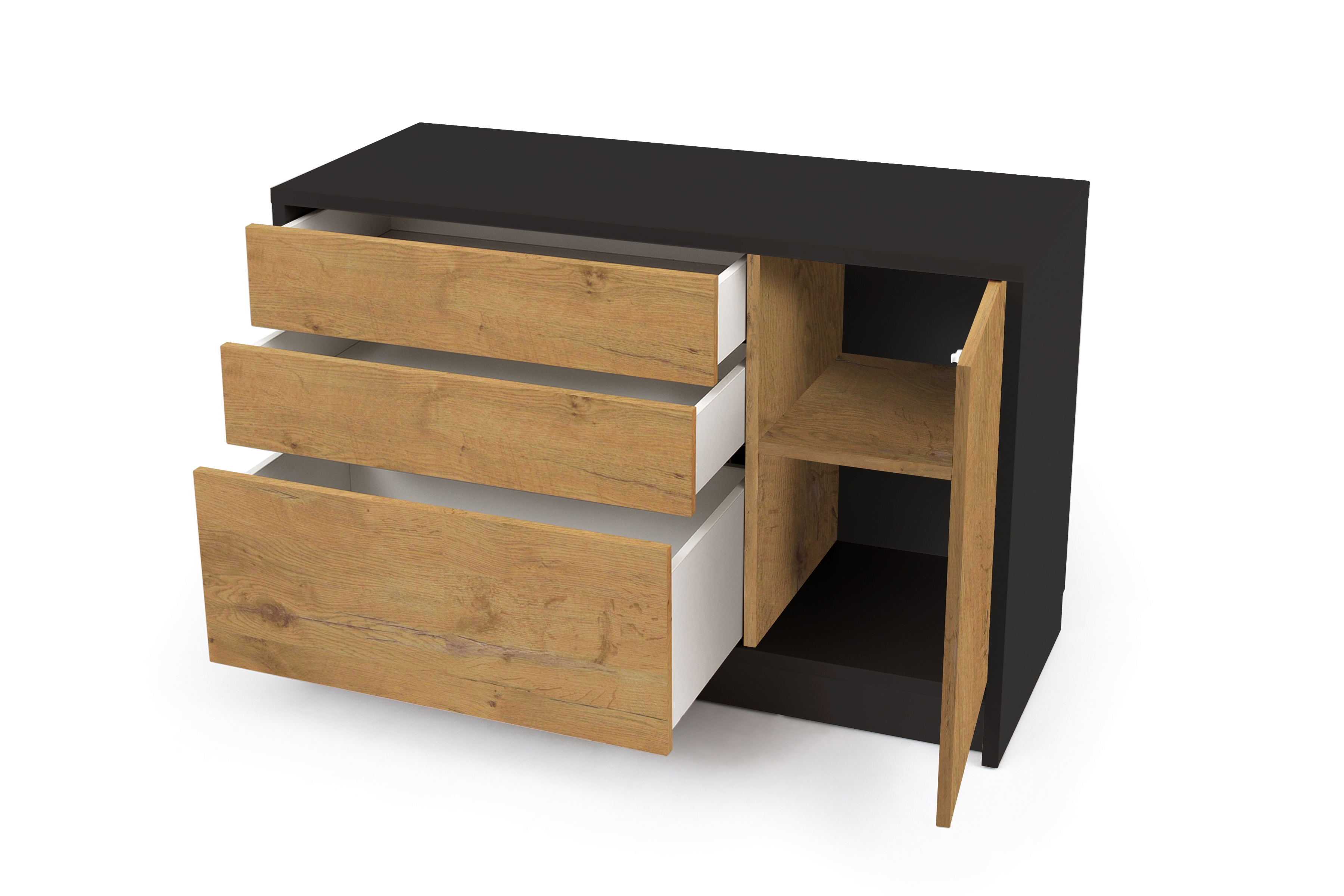 Komoda Genius 1D3S se zásuvkami 120 cm - černá / dub lancelot Komoda se zásuvkami Genius 1D3S - 120 cm - černá / dub lancelot