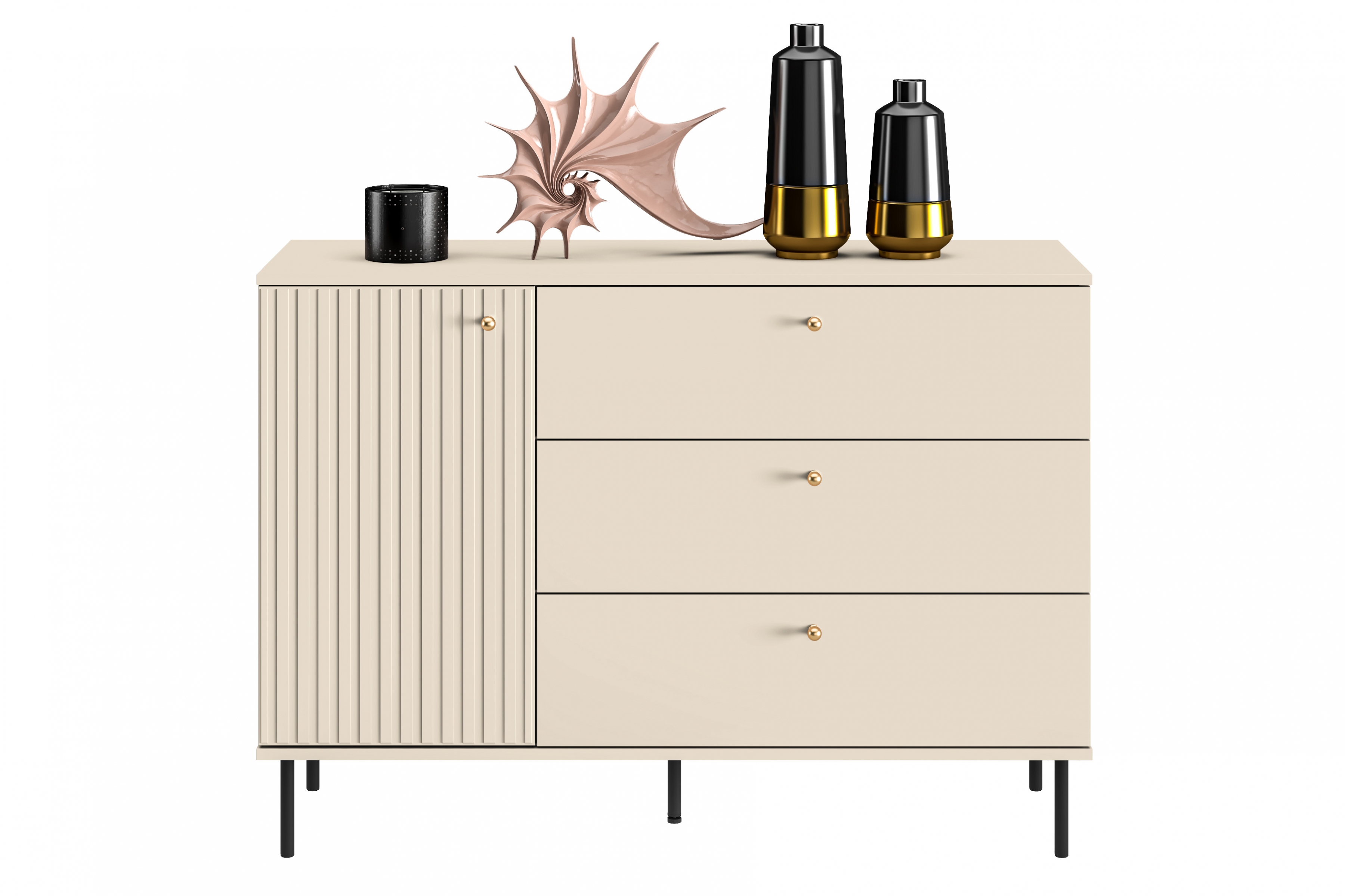 Komoda so zásuvkami Jamuzi 120 cm - kašmír / čierne nožičky Komoda so zásuvkami Jamuzi 05 s frézovaným frontom - kašmír / čierny nozki