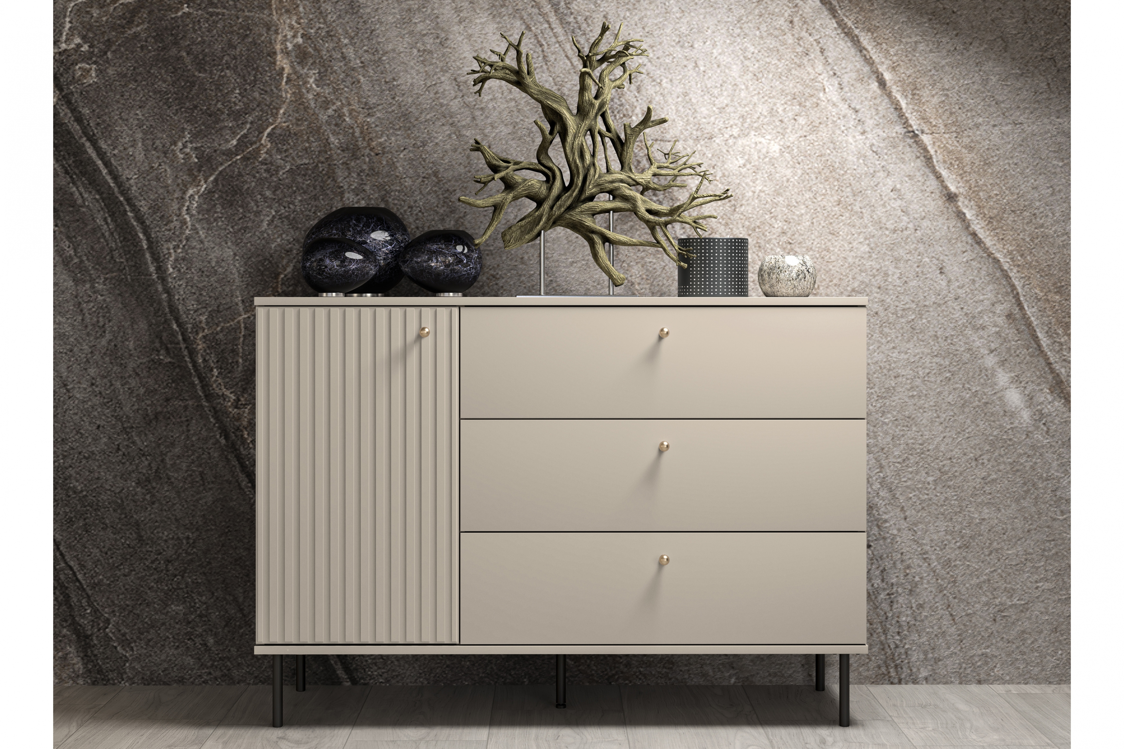 Komoda so zásuvkami Jamuzi 120 cm - kašmír / čierne nožičky Komoda so zásuvkami Jamuzi 05 s frézovaným frontom - kašmír / čierny nozki