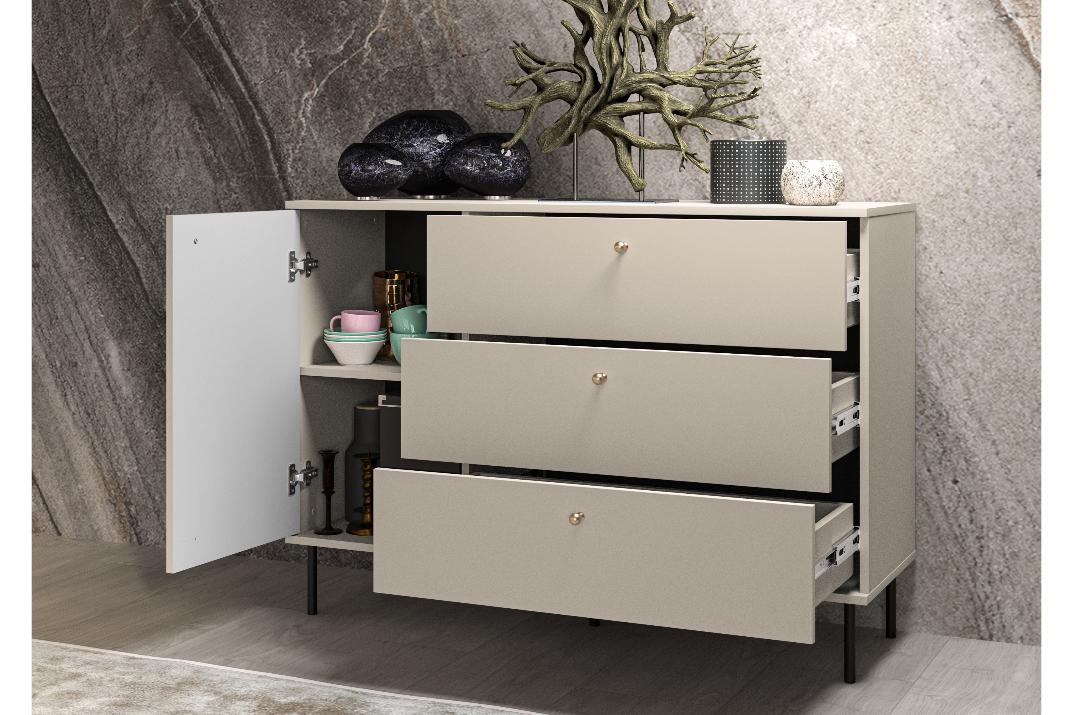 Komoda so zásuvkami Jamuzi 120 cm - kašmír / čierne nožičky Komoda so zásuvkami Jamuzi 05 s frézovaným frontom - kašmír / čierny nozki