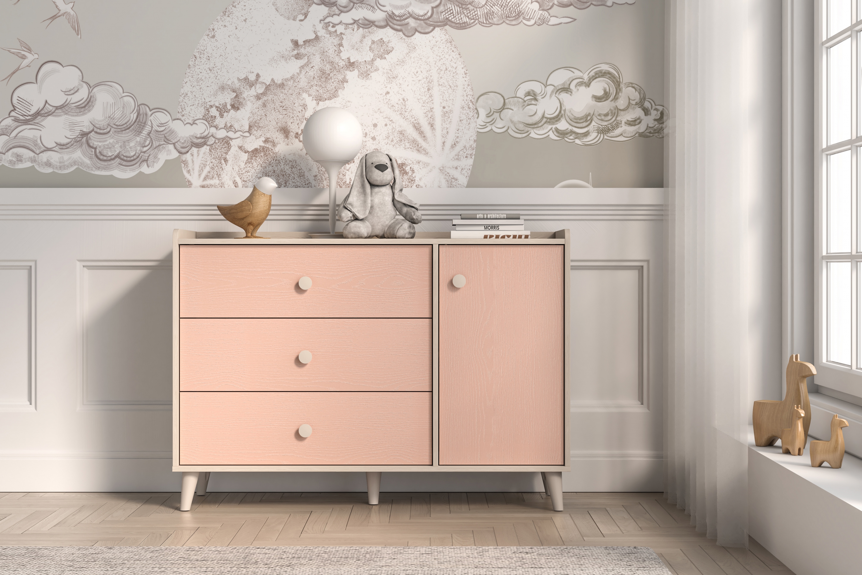 Dětská komoda Marla se zásuvkami 120 cm - pouštní písek / růžová Komoda se zásuvkami Marla 120 cm - piasek pustyni / millenial pink