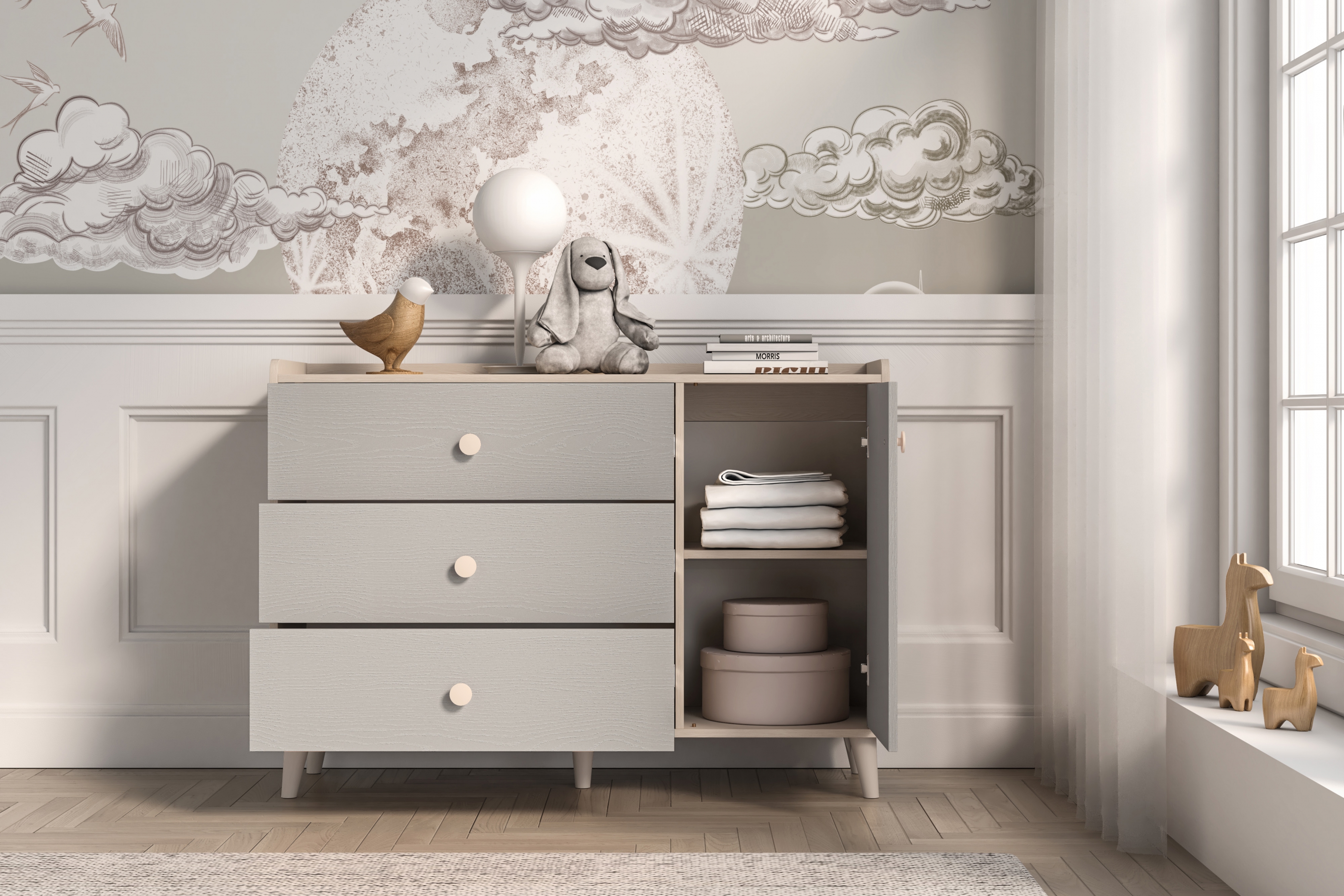 Dětská komoda Marla  se zásuvkami 120 cm - pouštní písek / šedá pallad Komoda se zásuvkami Marla 120 cm - piasek pustyni / šedá pallad
