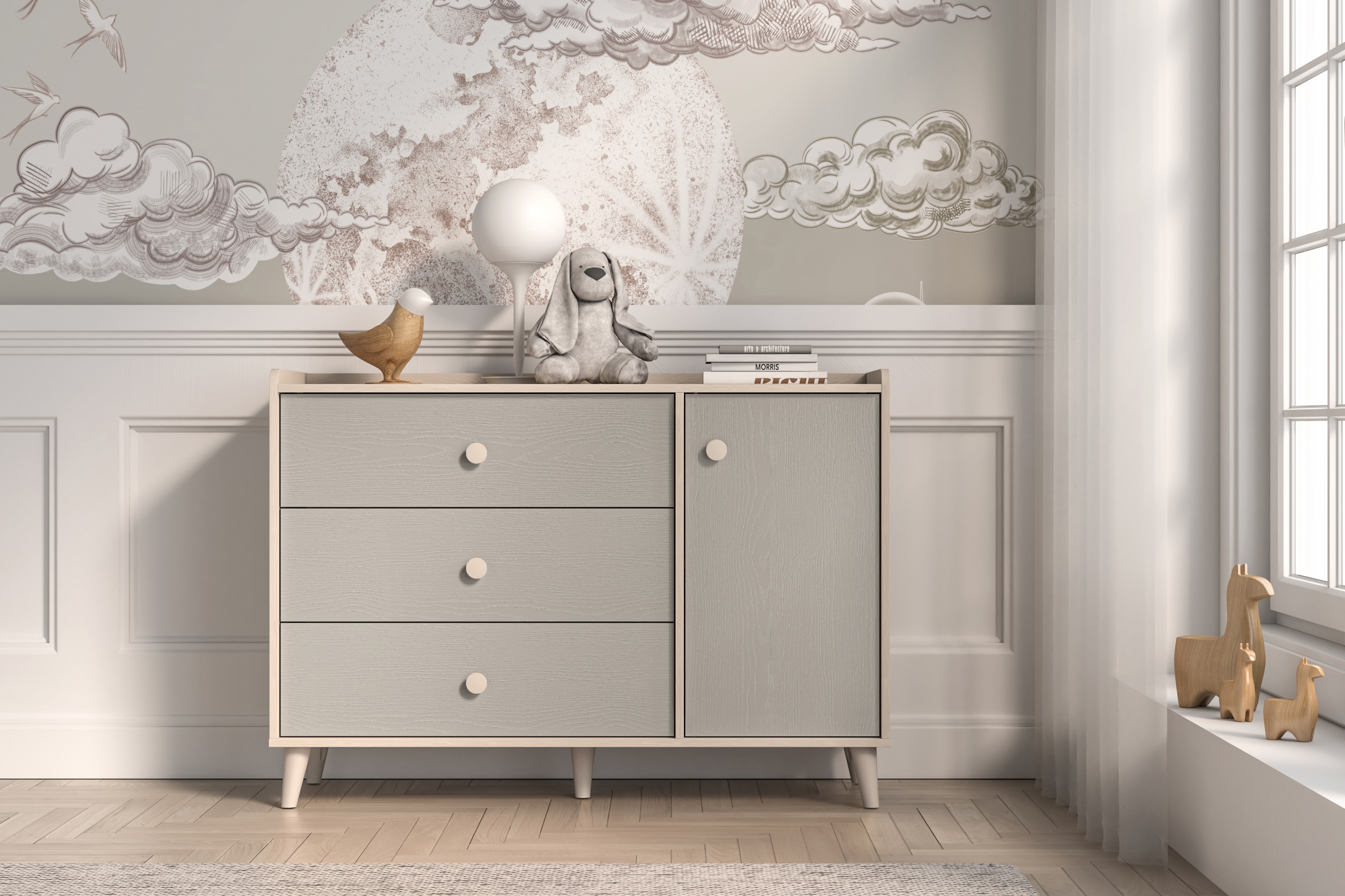 Dětská komoda Marla  se zásuvkami 120 cm - pouštní písek / šedá pallad Komoda se zásuvkami Marla 120 cm - piasek pustyni / šedá pallad