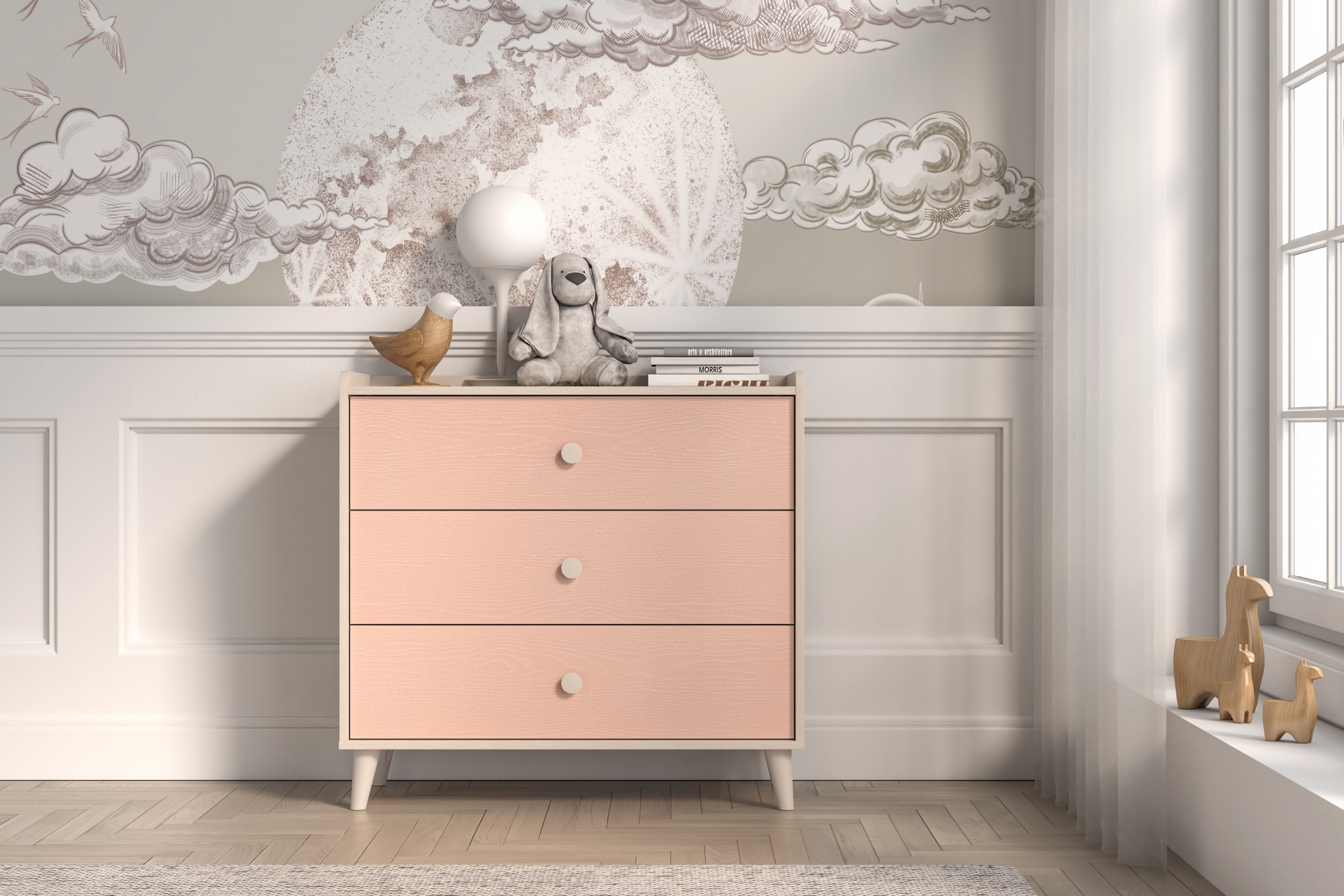 Dětská zásuvková komoda Marla 90 cm - pouštní písek / růžová Komoda se zásuvkami Marla 90 cm - piasek pustyni / millenial pink