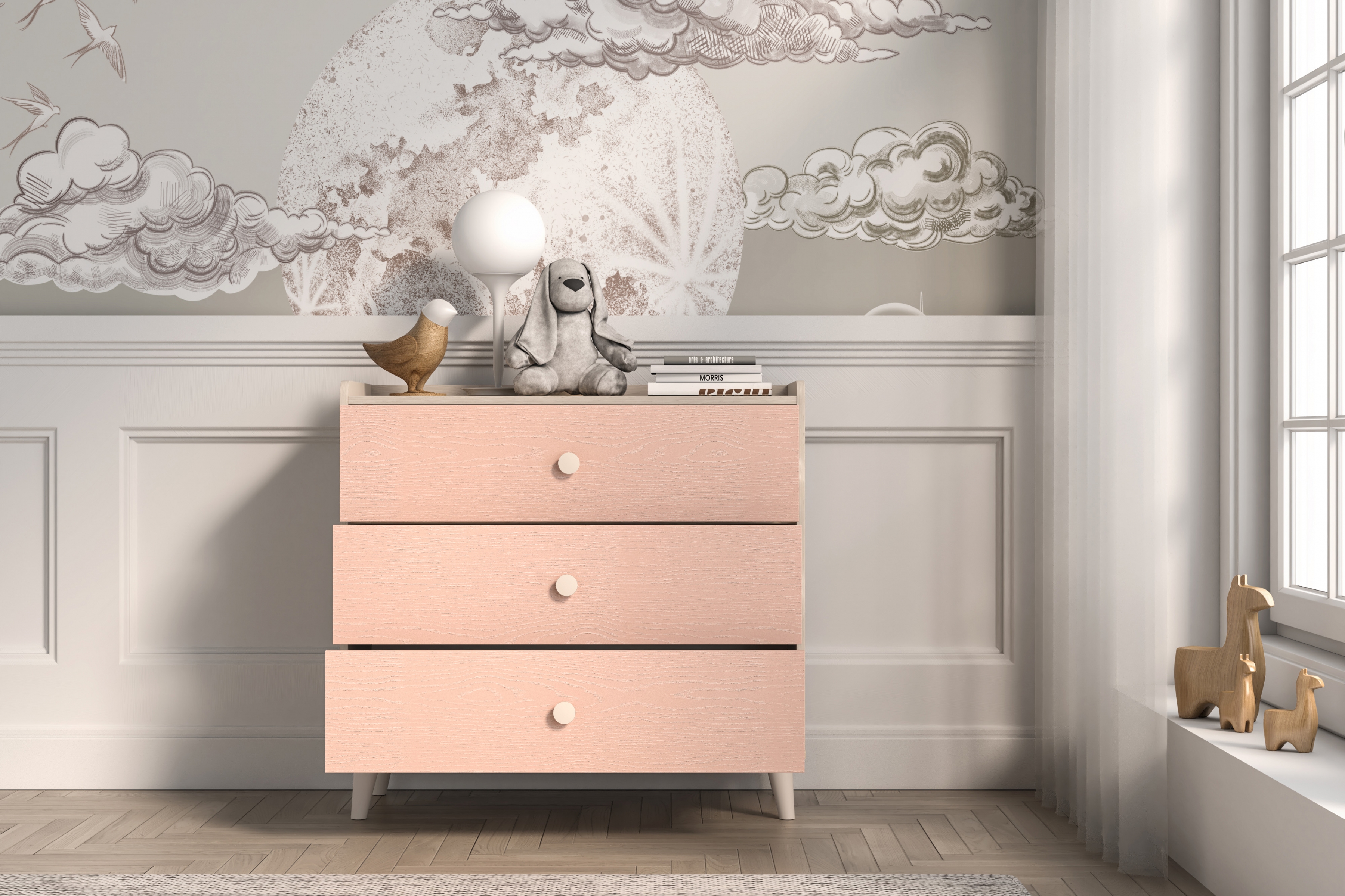 Dětská zásuvková komoda Marla 90 cm - pouštní písek / růžová Komoda se zásuvkami Marla 90 cm - piasek pustyni / millenial pink