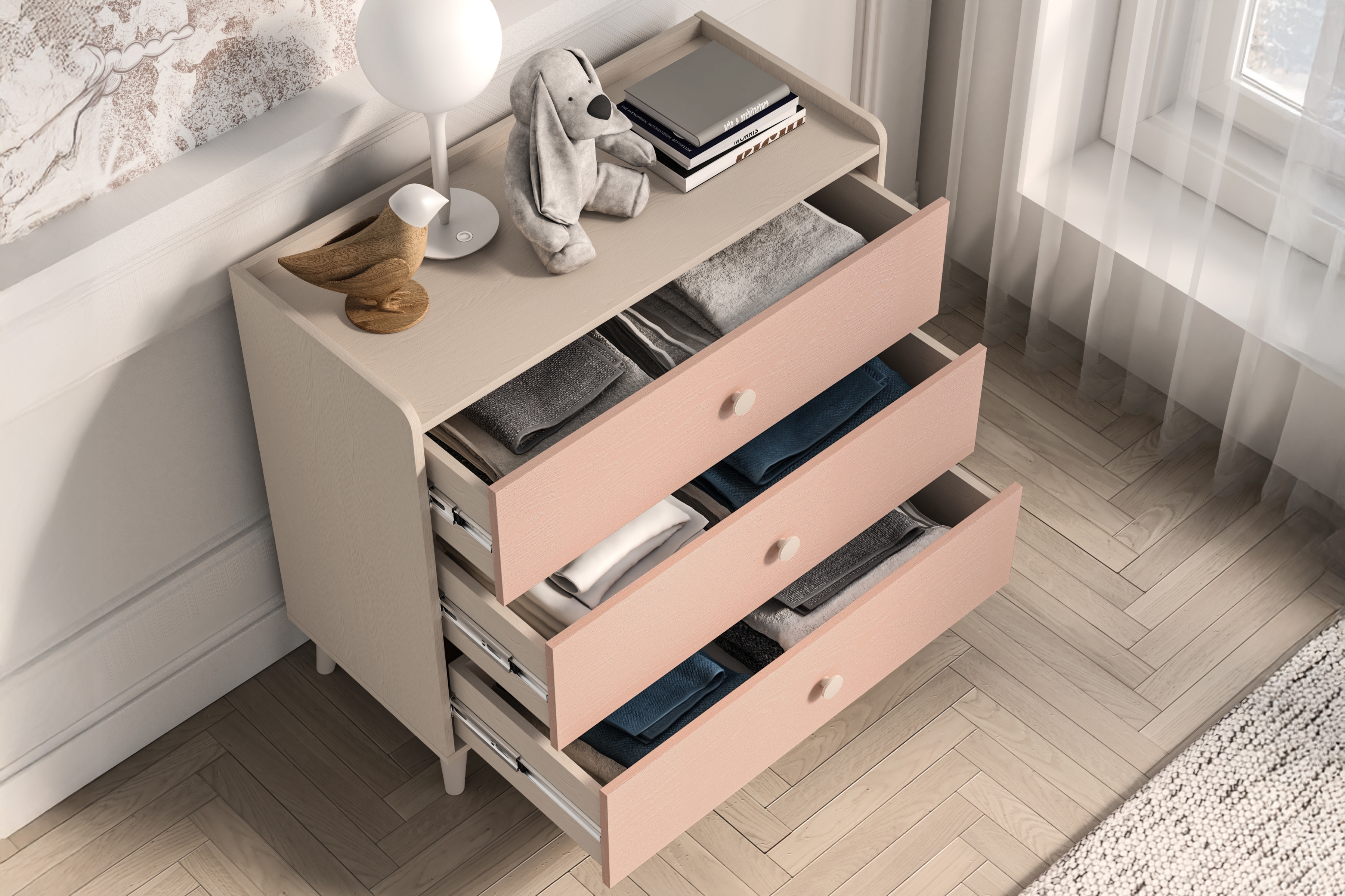 Dětská zásuvková komoda Marla 90 cm - pouštní písek / růžová Komoda se zásuvkami Marla 90 cm - piasek pustyni / millenial pink