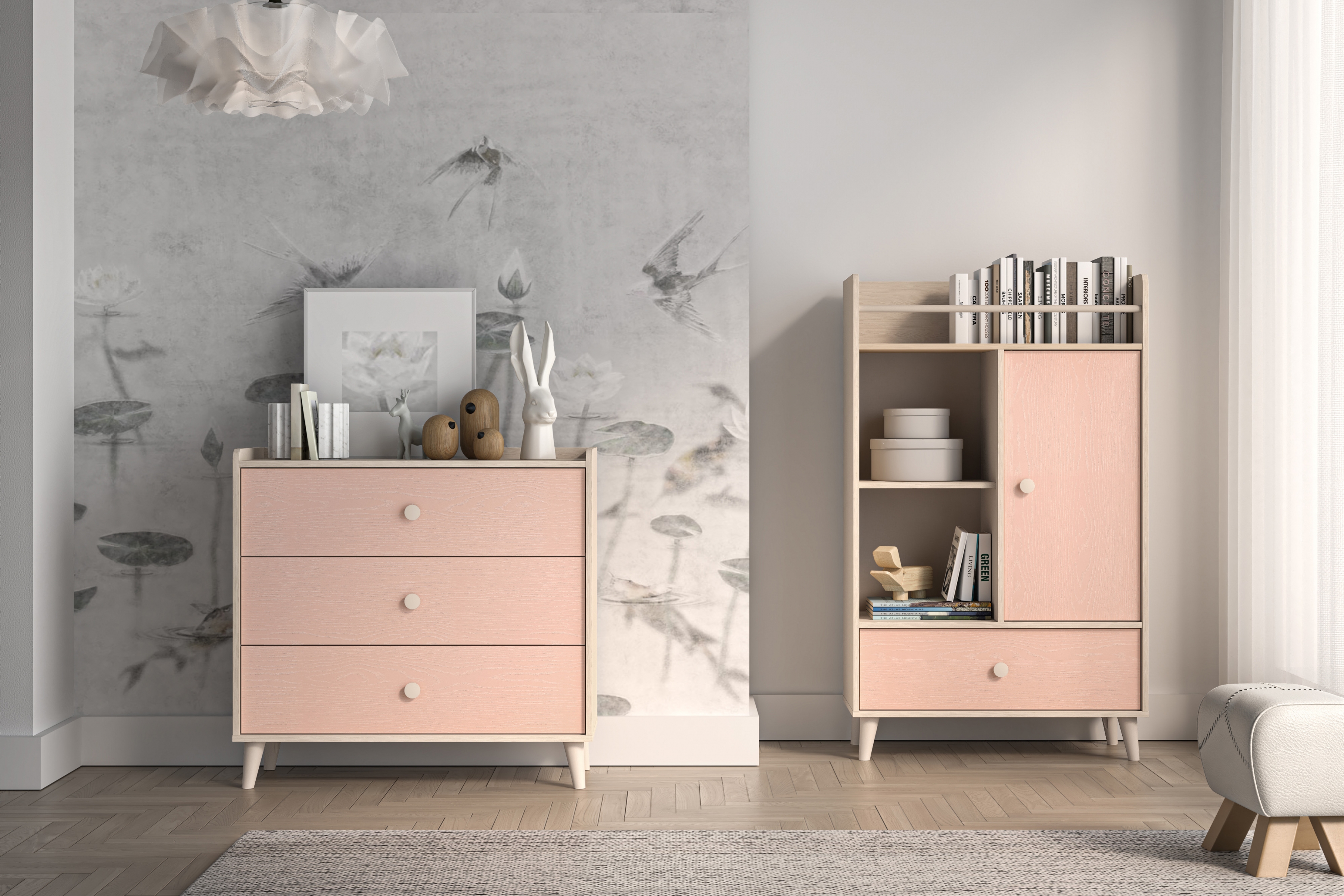 Dětská zásuvková komoda Marla 90 cm - pouštní písek / růžová Komoda se zásuvkami Marla 90 cm - piasek pustyni / millenial pink