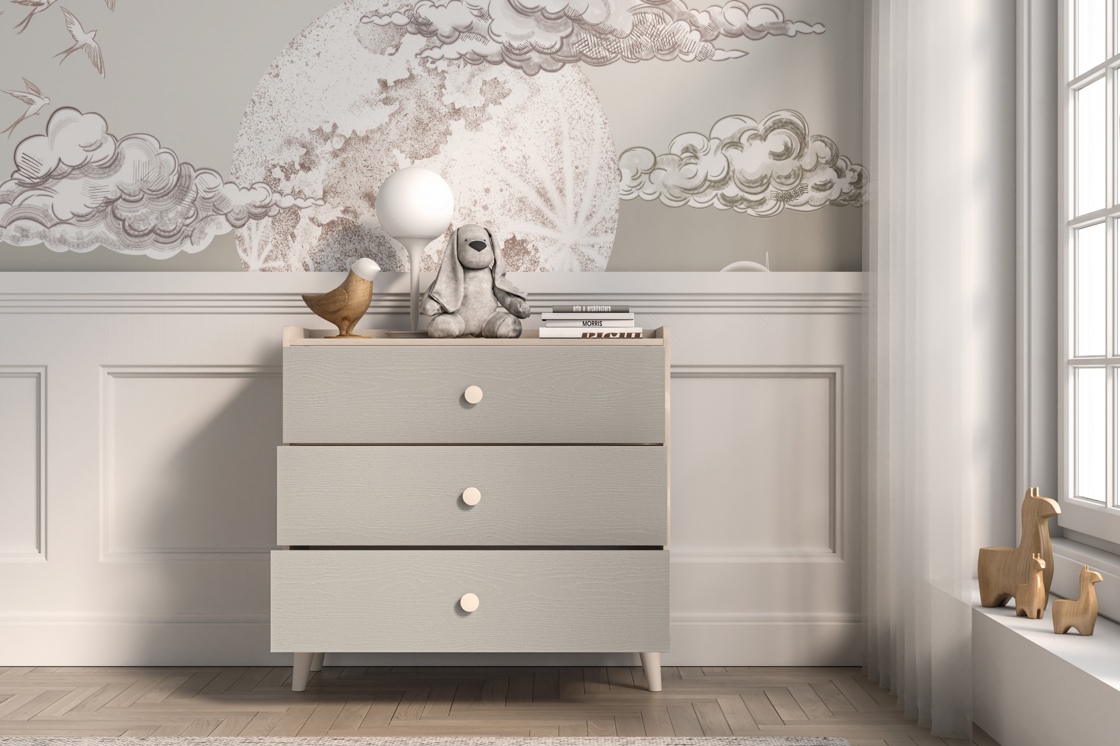 Dětská zásuvková komoda Marla 90 cm - pouštní písek / šedá pallad Komoda se zásuvkami Marla 90 cm - piasek pustyni / šedá pallad