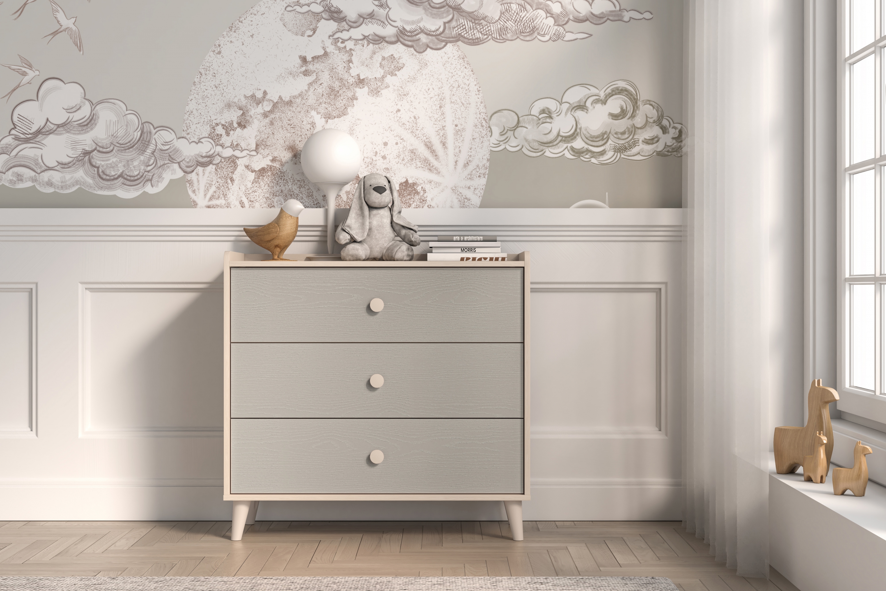 Dětská zásuvková komoda Marla 90 cm - pouštní písek / šedá pallad Komoda se zásuvkami Marla 90 cm - piasek pustyni / šedá pallad