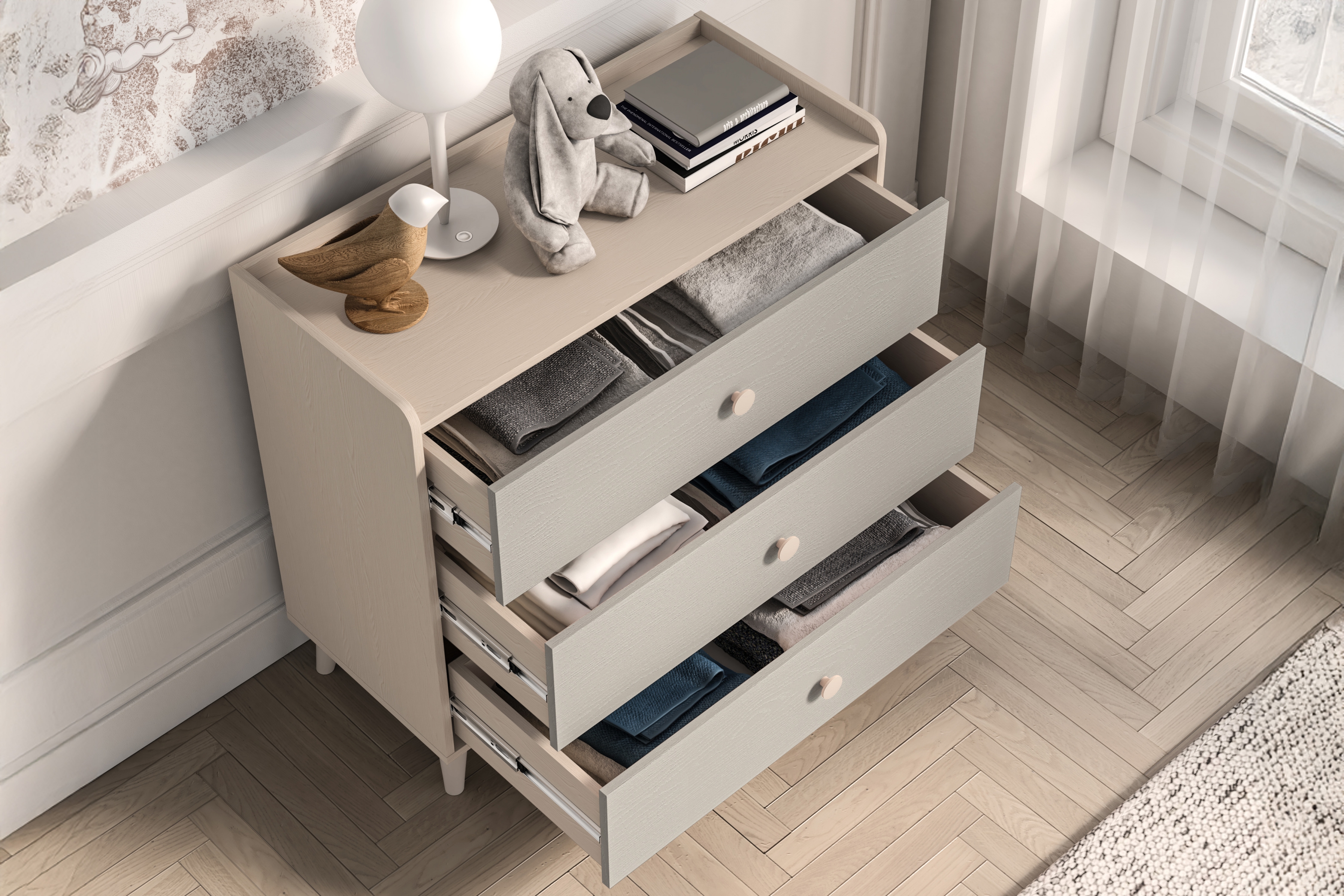 Dětská zásuvková komoda Marla 90 cm - pouštní písek / šedá pallad Komoda se zásuvkami Marla 90 cm - piasek pustyni / šedá pallad