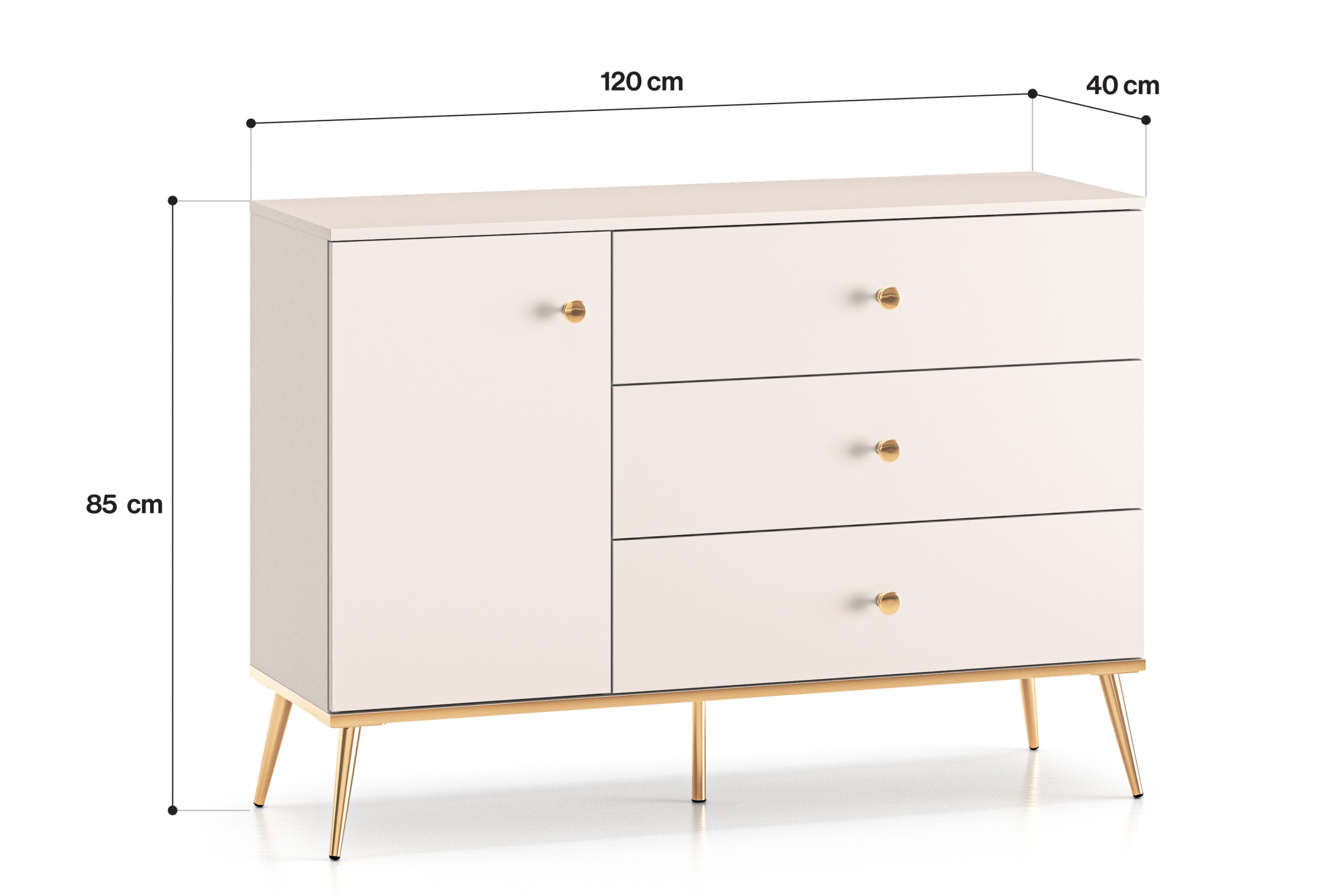 Komoda Narelli 04 so zásuvkami 120 cm - kašmír / zlaté nožičky Komoda so zásuvkami Narelli 04 - kašmír / zlote nožičky