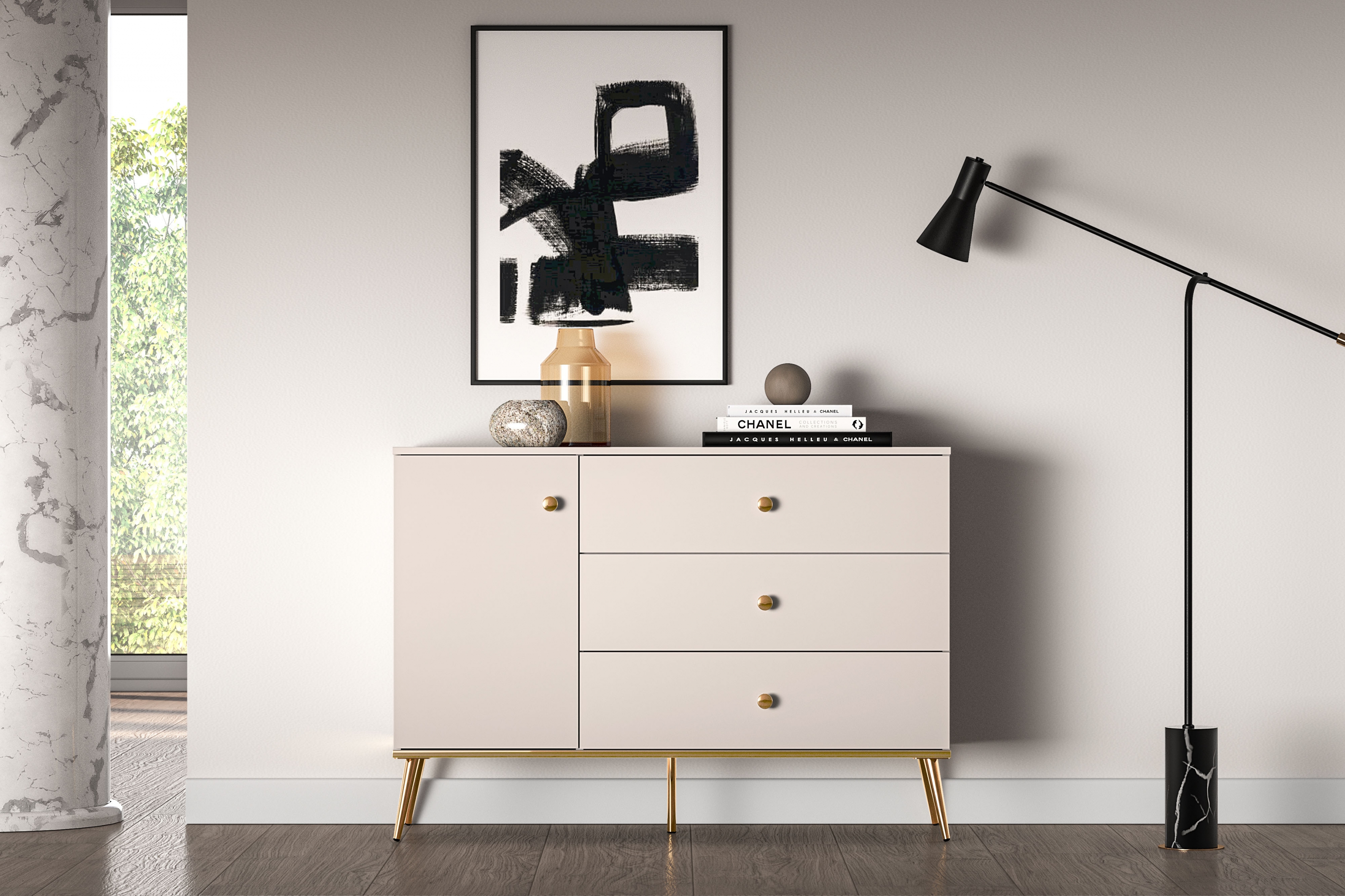 Komoda Narelli 04 so zásuvkami 120 cm - kašmír / zlaté nožičky Komoda so zásuvkami Narelli 04 - kašmír / zlote nožičky