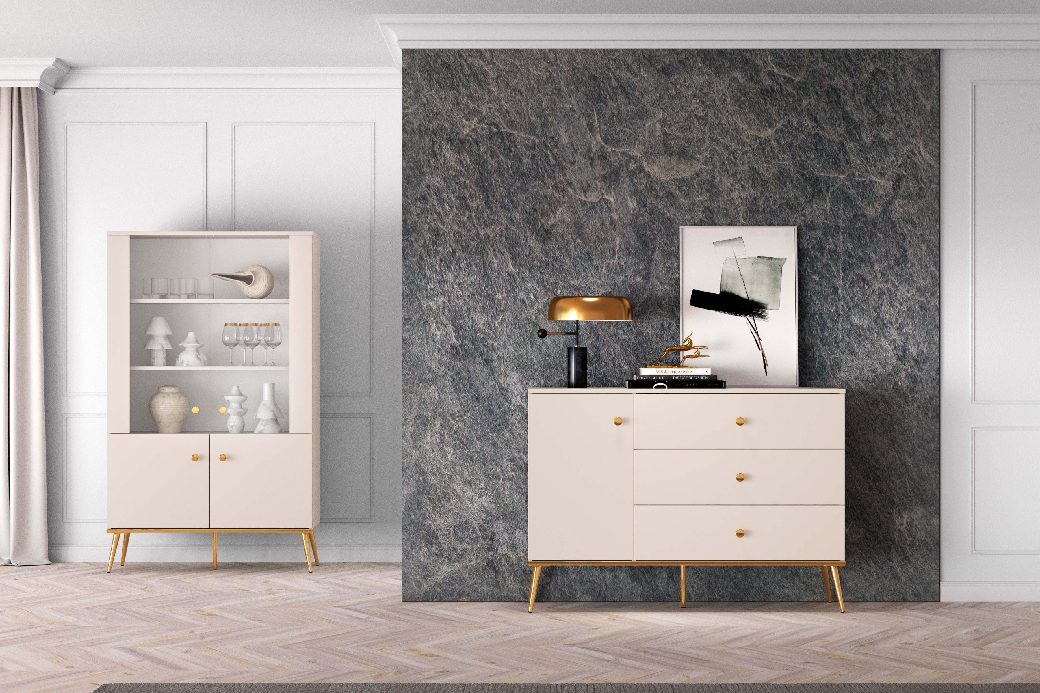 Komoda Narelli 04 so zásuvkami 120 cm - kašmír / zlaté nožičky Komoda so zásuvkami Narelli 04 - kašmír / zlote nožičky
