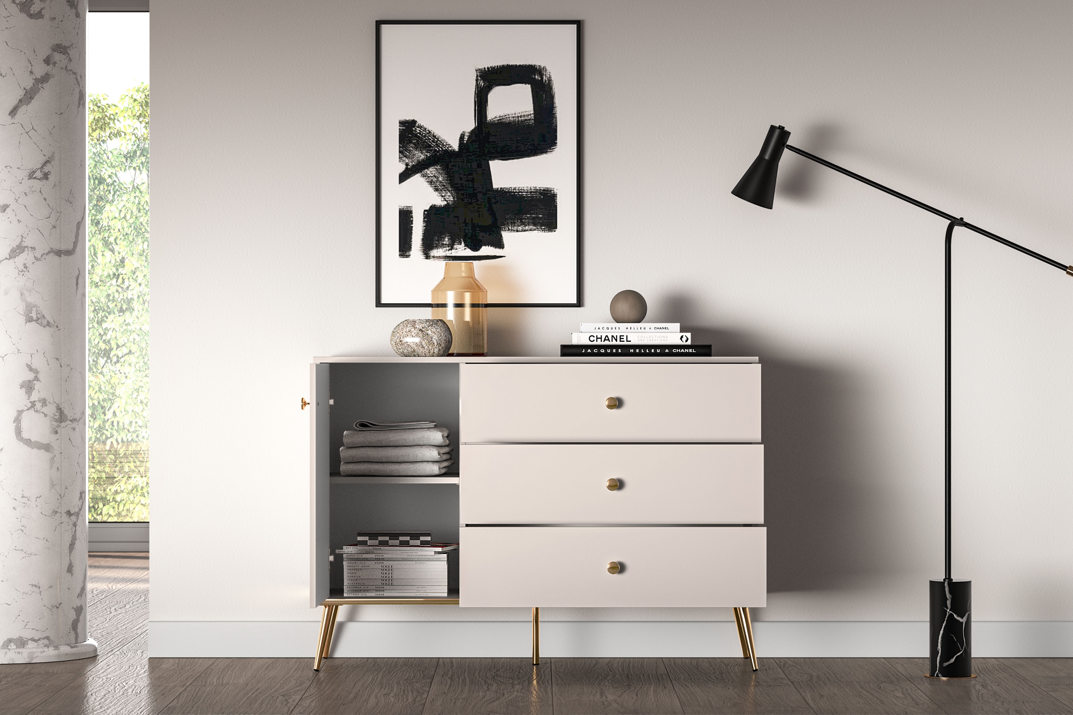 Komoda Narelli 04 so zásuvkami 120 cm - kašmír / zlaté nožičky Komoda so zásuvkami Narelli 04 - kašmír / zlote nožičky