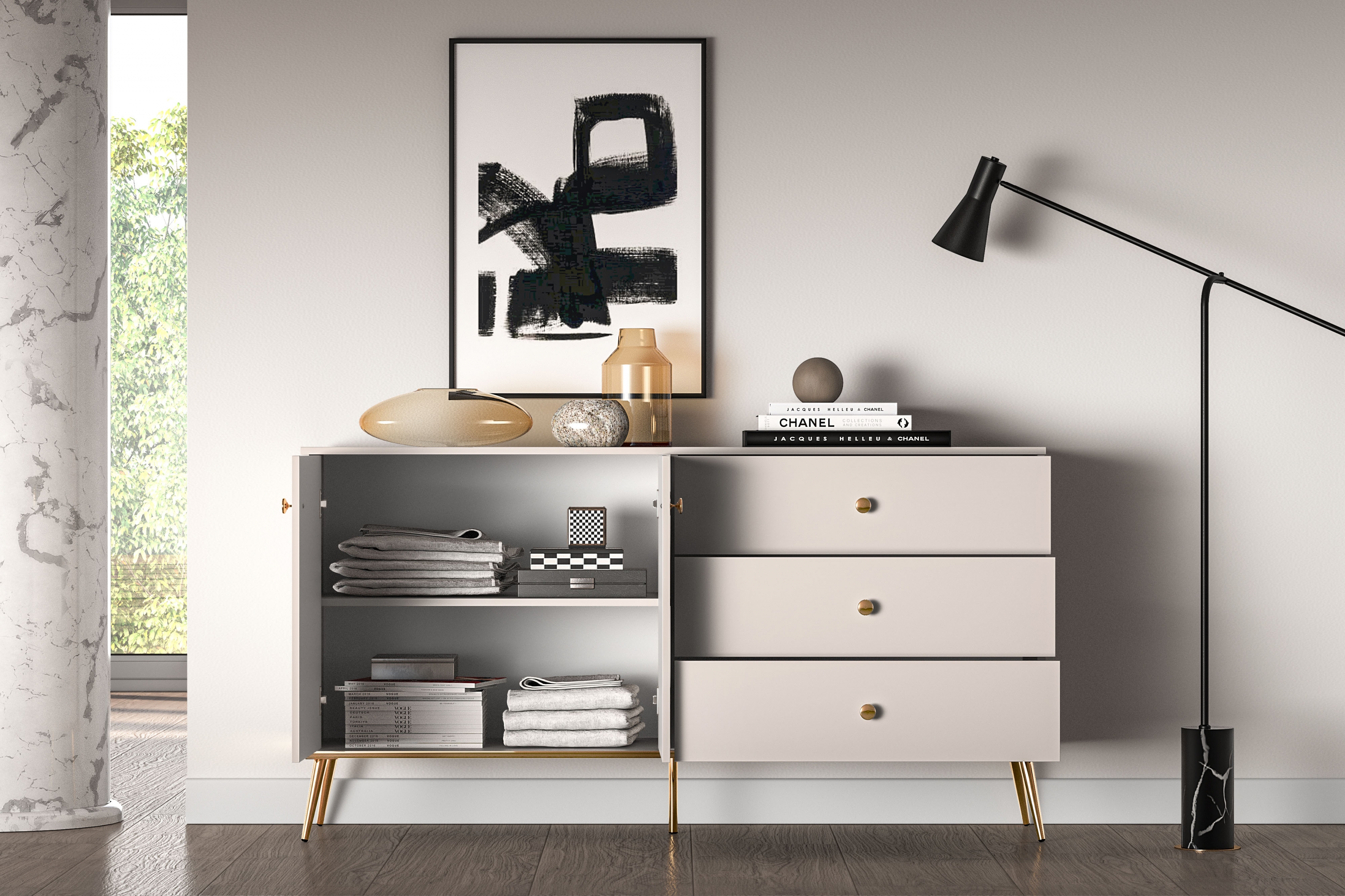 Komoda Narelli 03 so zásuvkami 160 cm - kašmír / zlaté nožičky Komoda so zásuvkami Nerelli 03 - 160 cm - kašmír / zlote nožičky