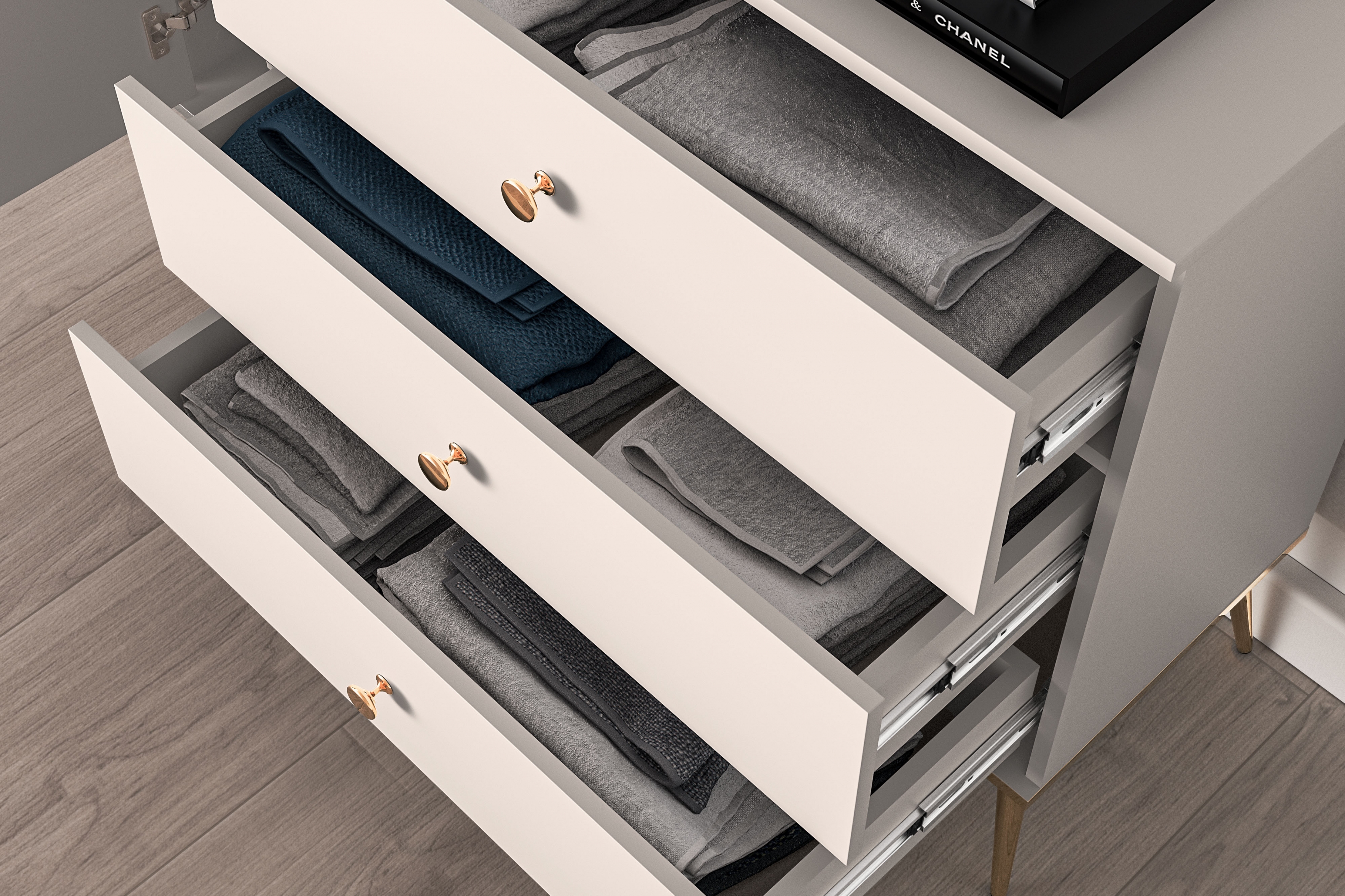 Komoda Narelli 03 so zásuvkami 160 cm - kašmír / zlaté nožičky Komoda so zásuvkami Nerelli 03 - 160 cm - kašmír / zlote nožičky