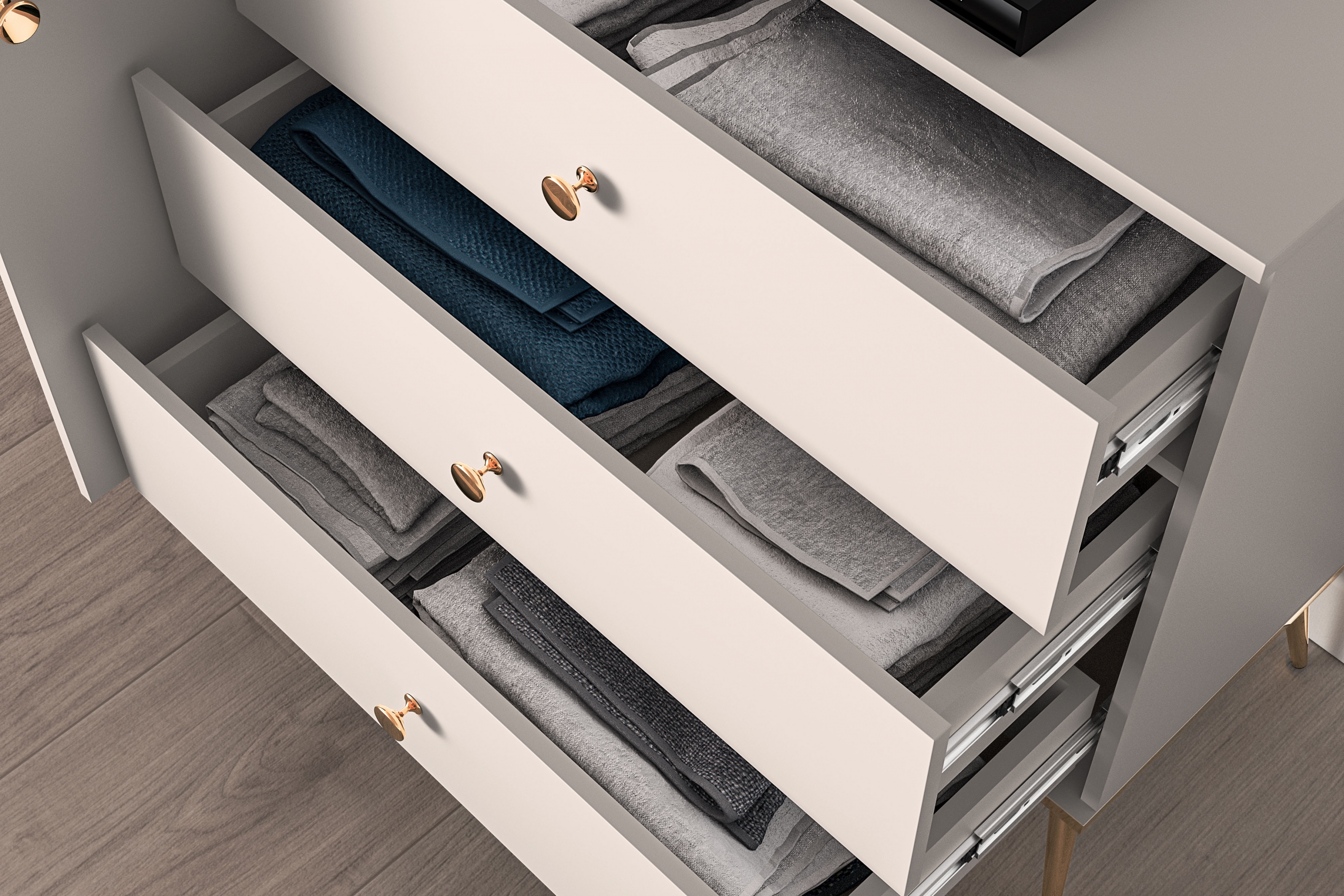 Komoda Narelli 03 so zásuvkami 160 cm - kašmír / zlaté nožičky Komoda so zásuvkami Nerelli 03 - 160 cm - kašmír / zlote nožičky