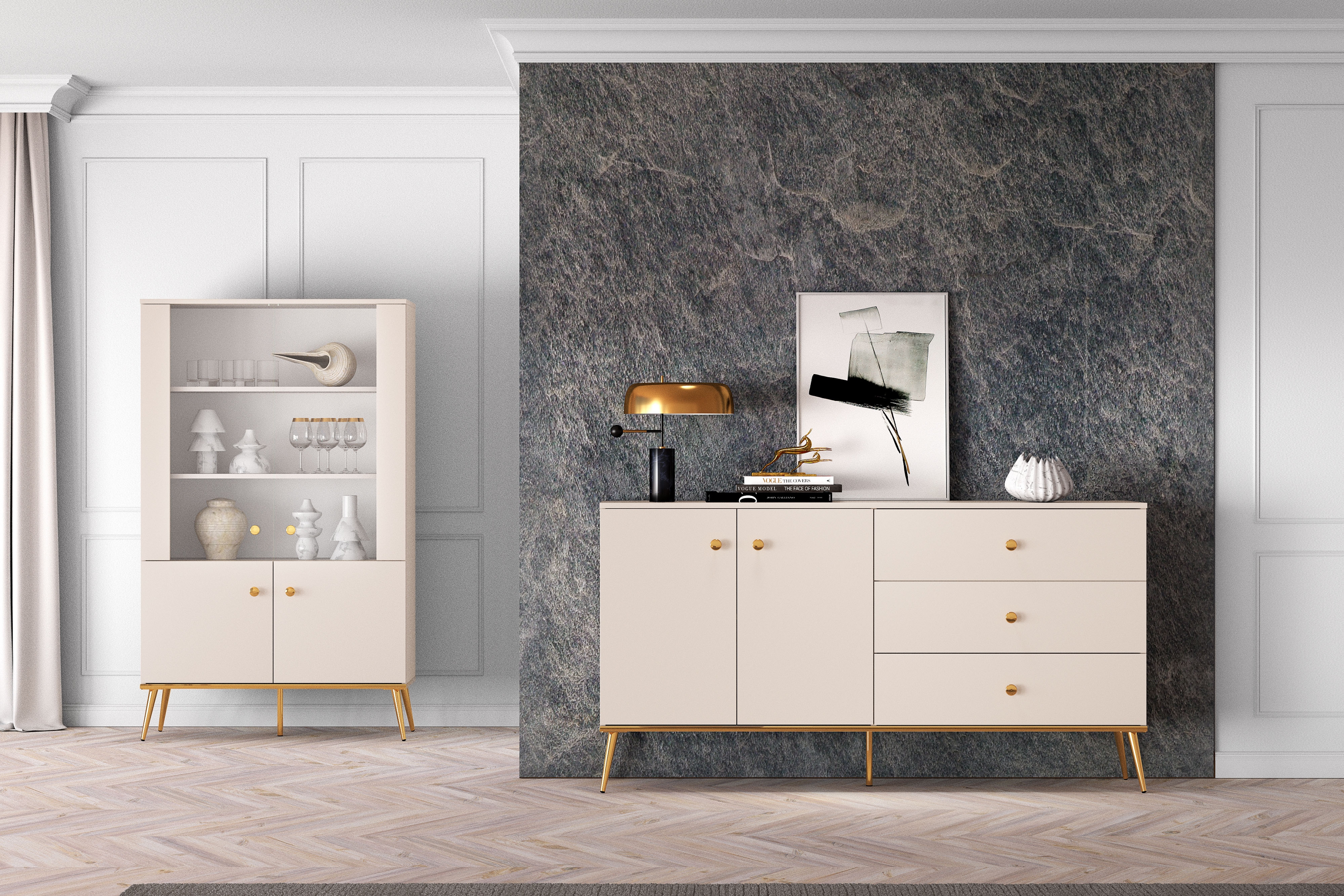 Komoda Narelli 03 so zásuvkami 160 cm - kašmír / zlaté nožičky Komoda so zásuvkami Nerelli 03 - 160 cm - kašmír / zlote nožičky