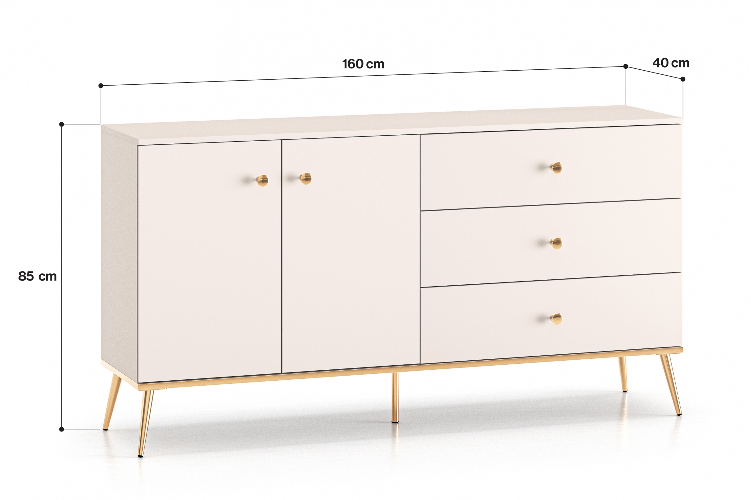 Komoda Narelli 03 so zásuvkami 160 cm - kašmír / zlaté nožičky Komoda so zásuvkami Nerelli 03 - 160 cm - kašmír / zlote nožičky