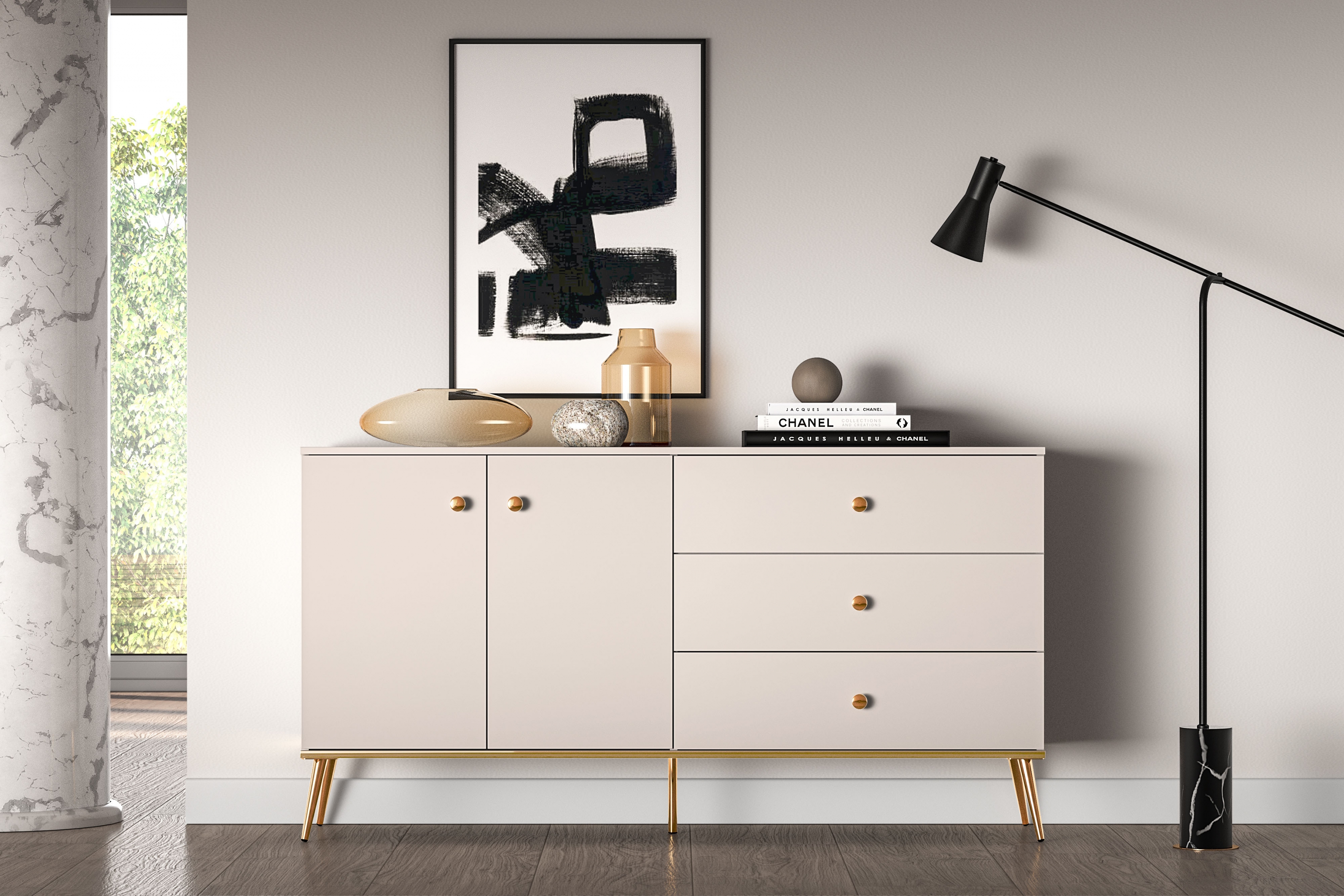 Komoda Narelli 03 so zásuvkami 160 cm - kašmír / zlaté nožičky Komoda so zásuvkami Nerelli 03 - 160 cm - kašmír / zlote nožičky