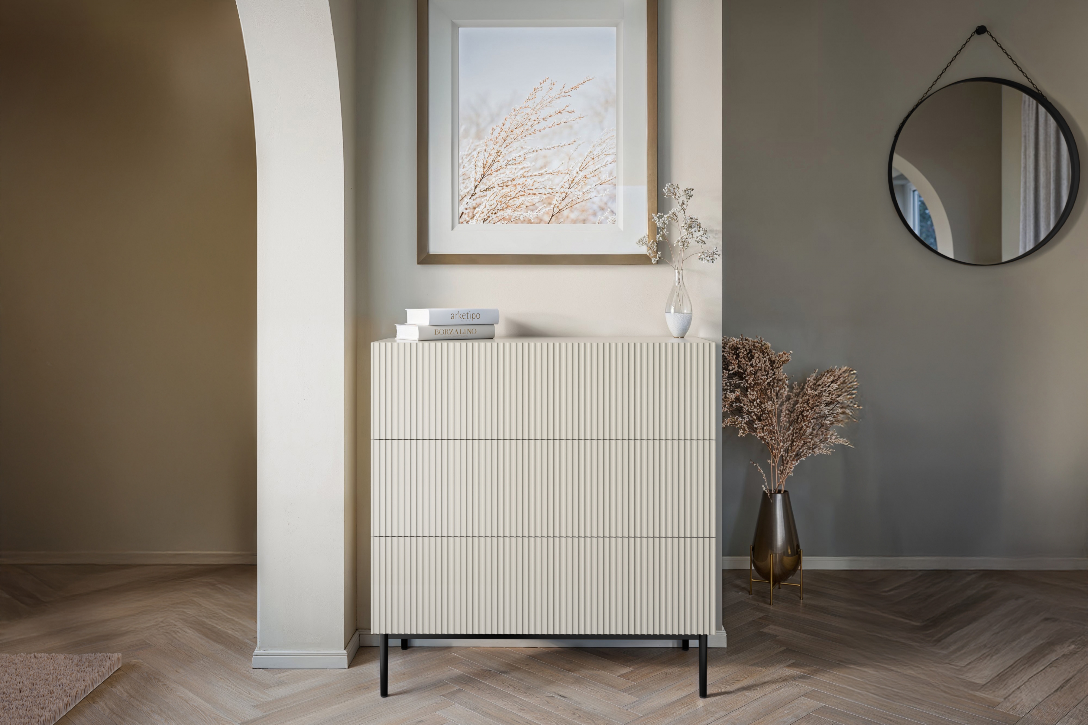 Komoda Nicole 100 cm - kašmírová / čierna Komoda so zásuvkami Nicole 100 cm - kašmír / čierny nozki