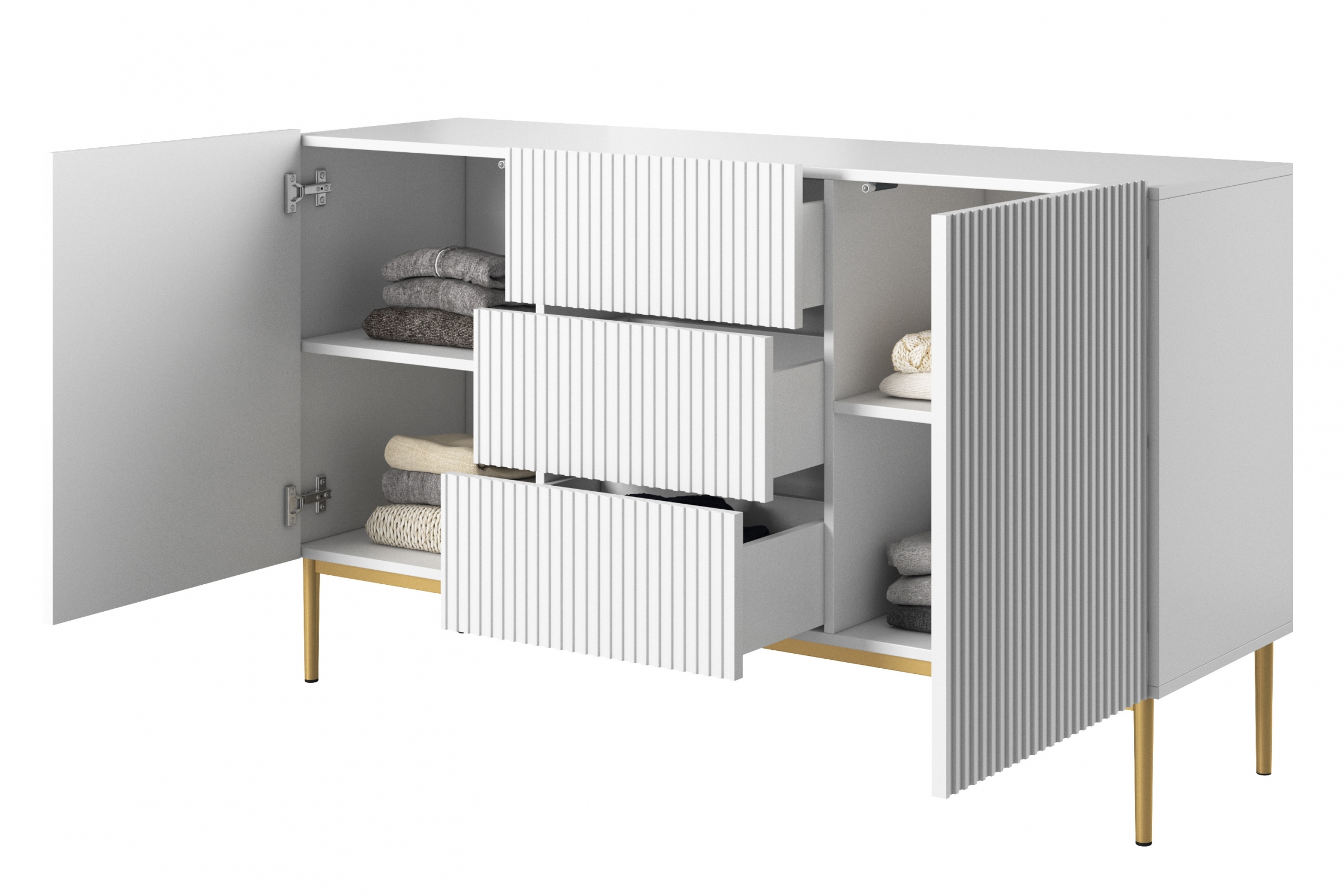 Komoda Nicole 150 cm s 3 zásuvky a 2 dvířka - bílý mat / zlaté nožky Komoda se zásuvkami Nicole 150 cm - bílý mat / zlote nozki