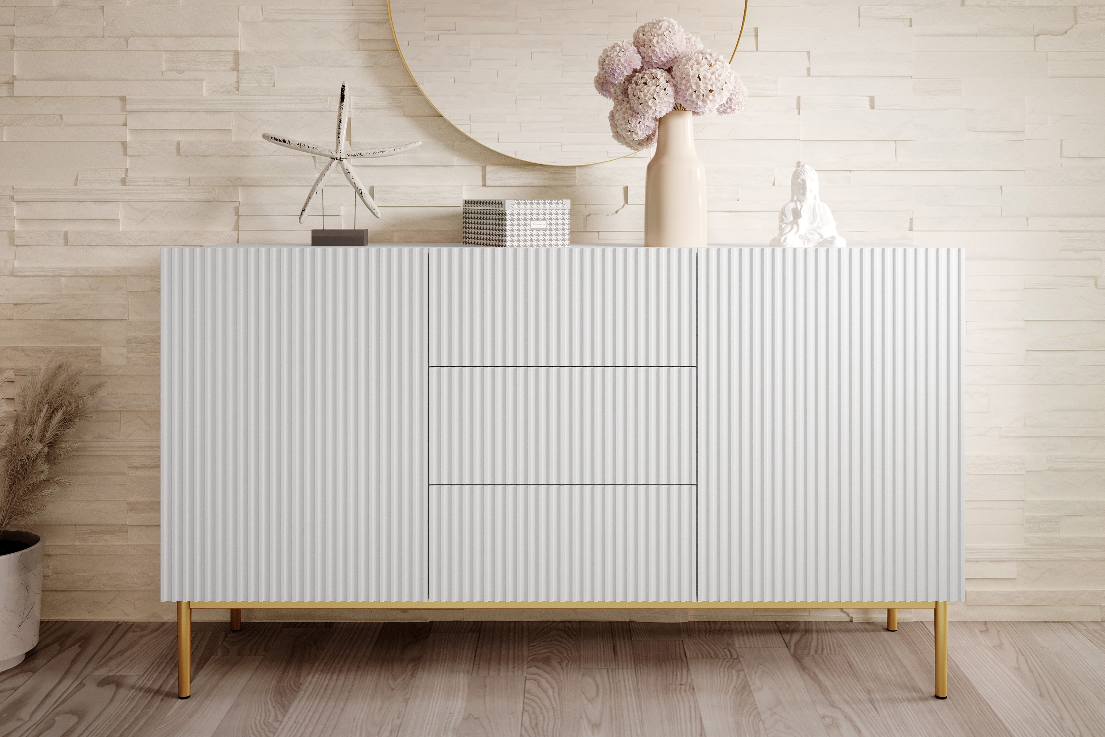 Komoda Nicole 150 cm s 3 zásuvky a 2 dvířka - bílý mat / zlaté nožky Komoda se zásuvkami Nicole 150 cm - bílý mat / zlote nozki