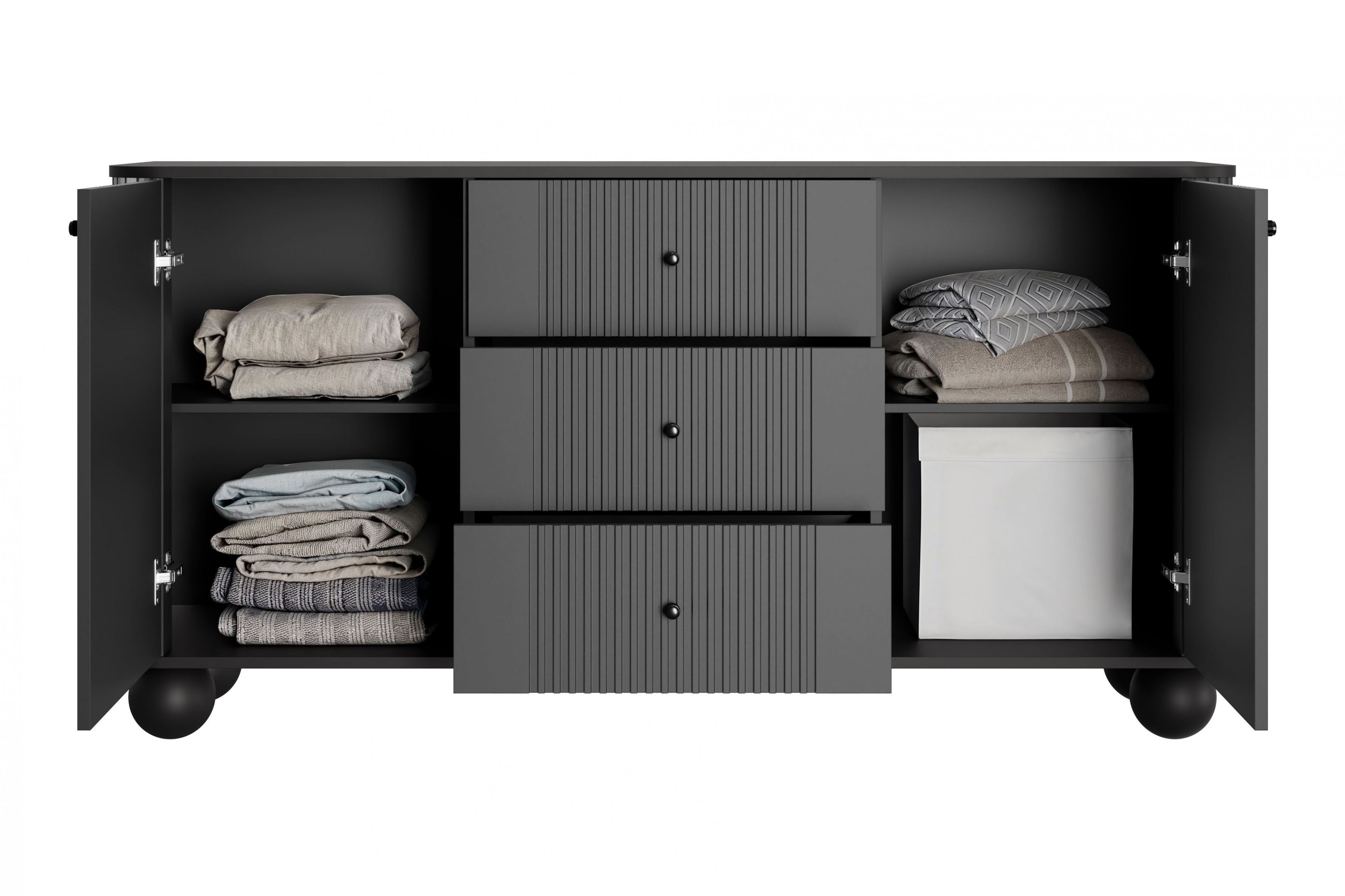 Komoda Vespera 160 cm so zásuvkami - čierna / čierne nohy Komoda so zásuvkami Versper 160 cm - Čierny / čierny úchyty