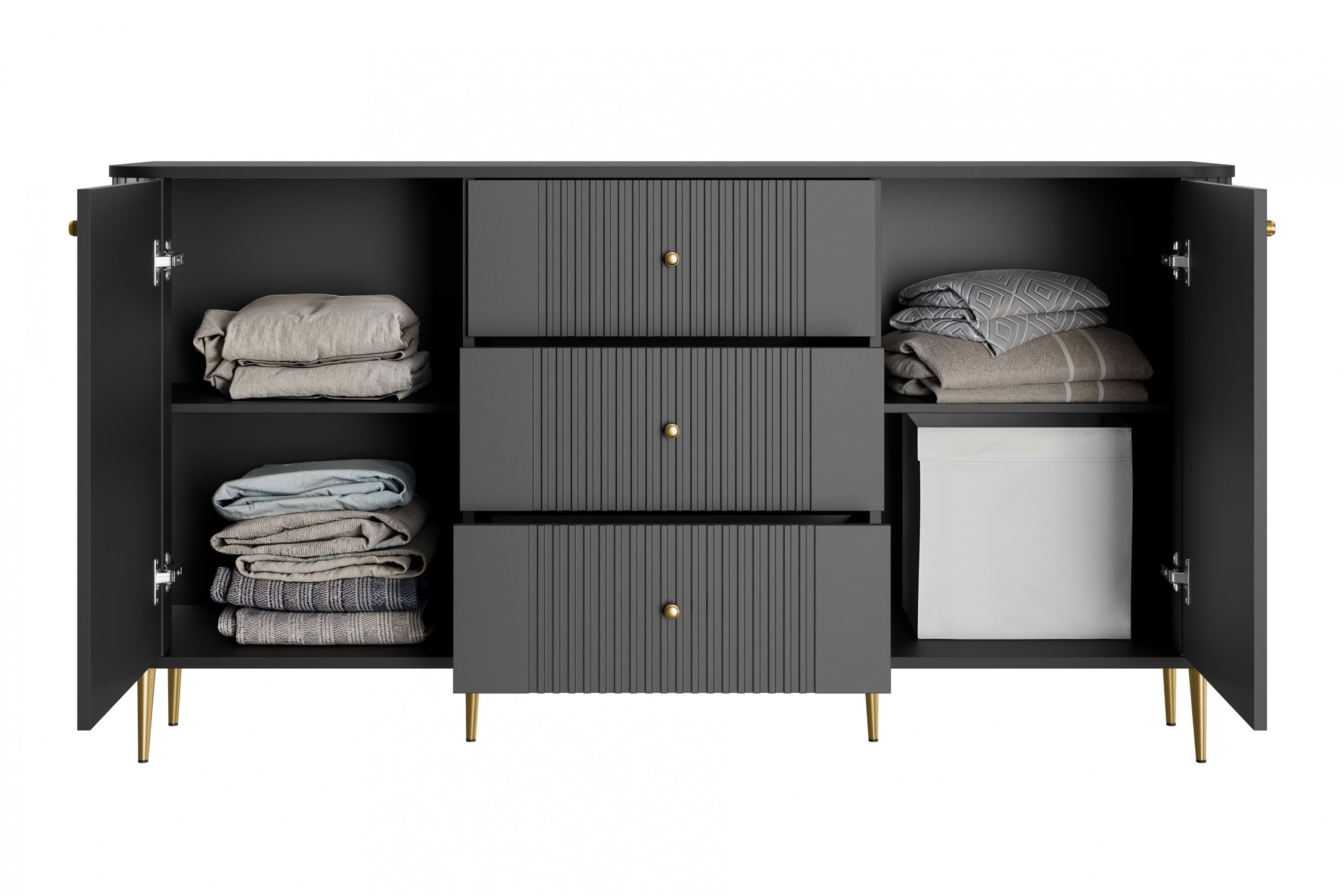 Komoda Vespera 160 cm so zásuvkami - čierna / zlaté nožičky Komoda so zásuvkami Versper 160 cm - Čierny / zlote nožičky