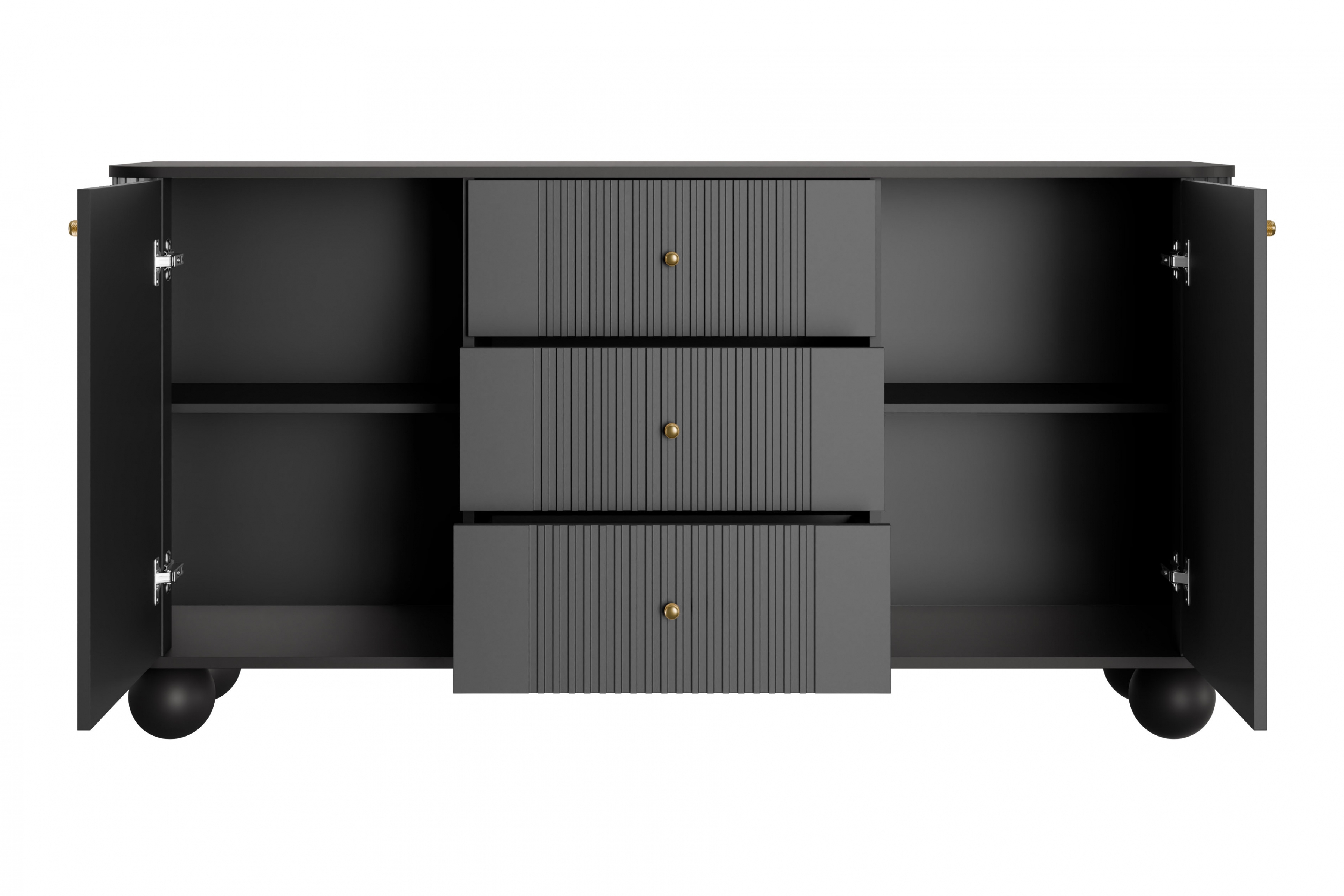 Komoda Versper 160 cm - černá / zlaté úchytky / kulaté nohy černá Komoda se zásuvkami Versper 160 cm - černá / zlaté Úchytky