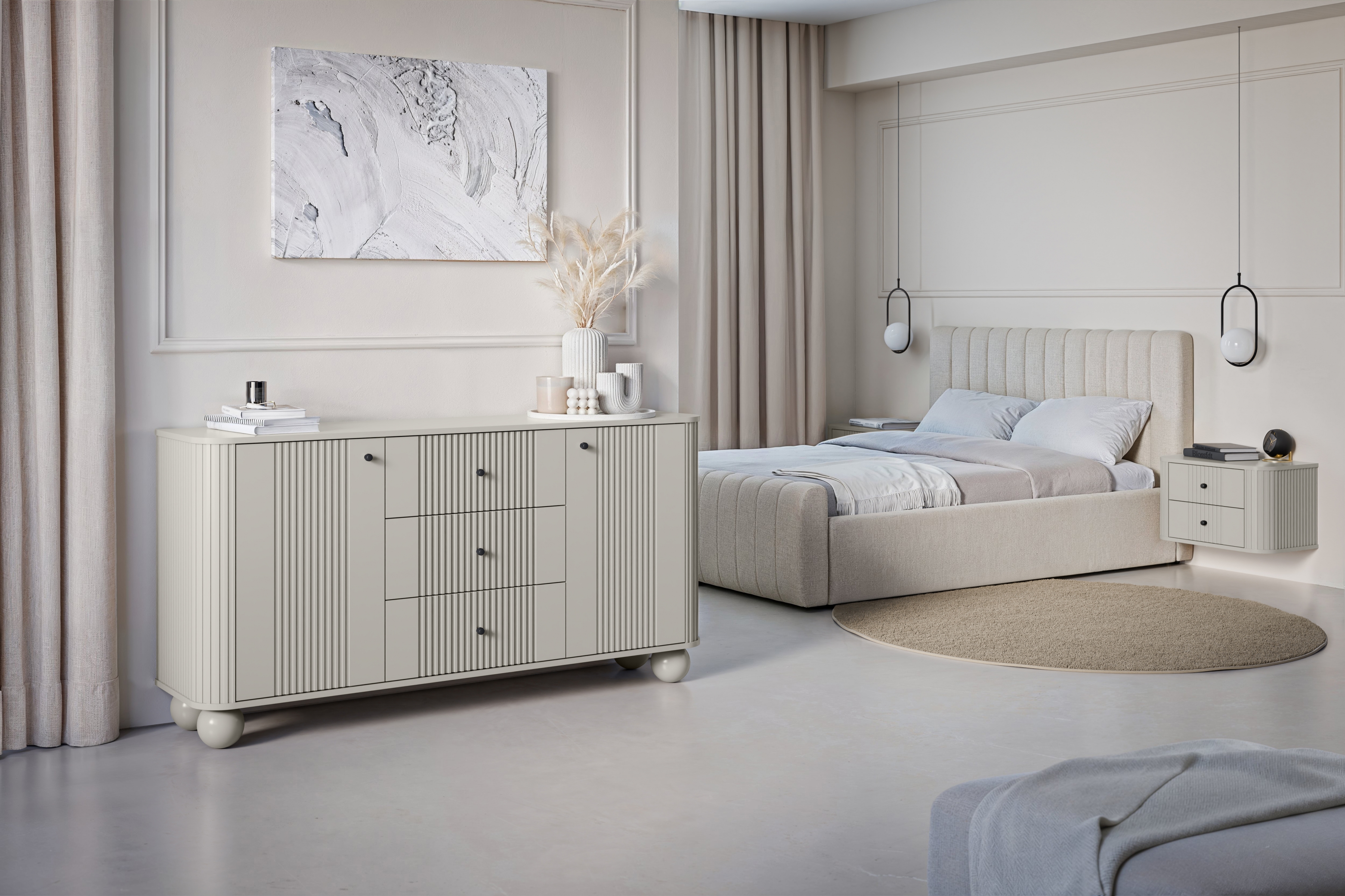 Komoda Vespera 160 cm so zásuvkami - kašmírová / čierna / kašmírové nohy Komoda so zásuvkami Verspera 160 cm - kašmír / čierny úchyty / kaszmirowe nožičky kule