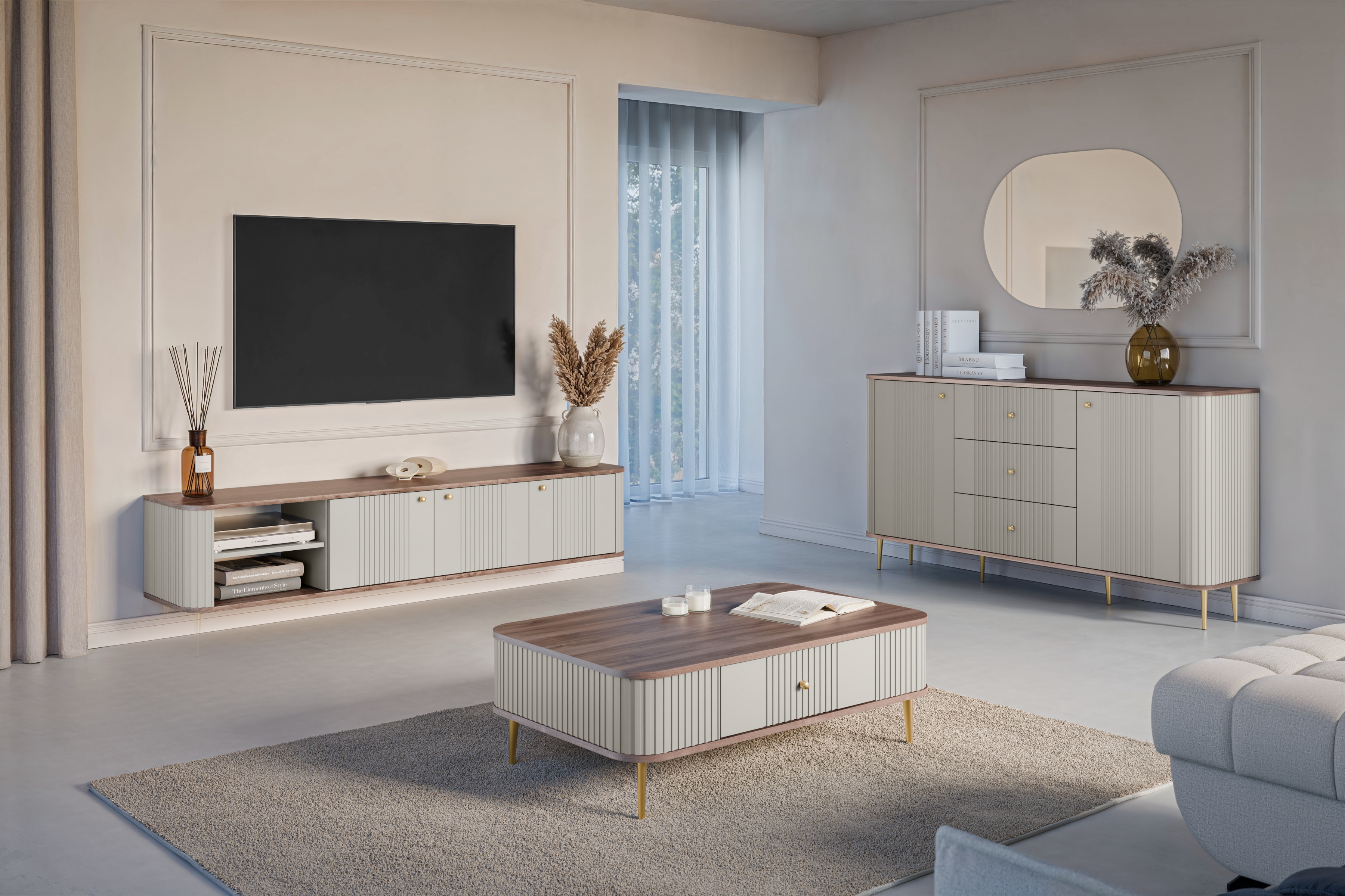 Komoda Vespera 160 cm so zásuvkami - kašmírová / orech / zlaté nožičky Komoda so zásuvkami Verspera 160 cm - kašmír / Orech / zlote nožičky