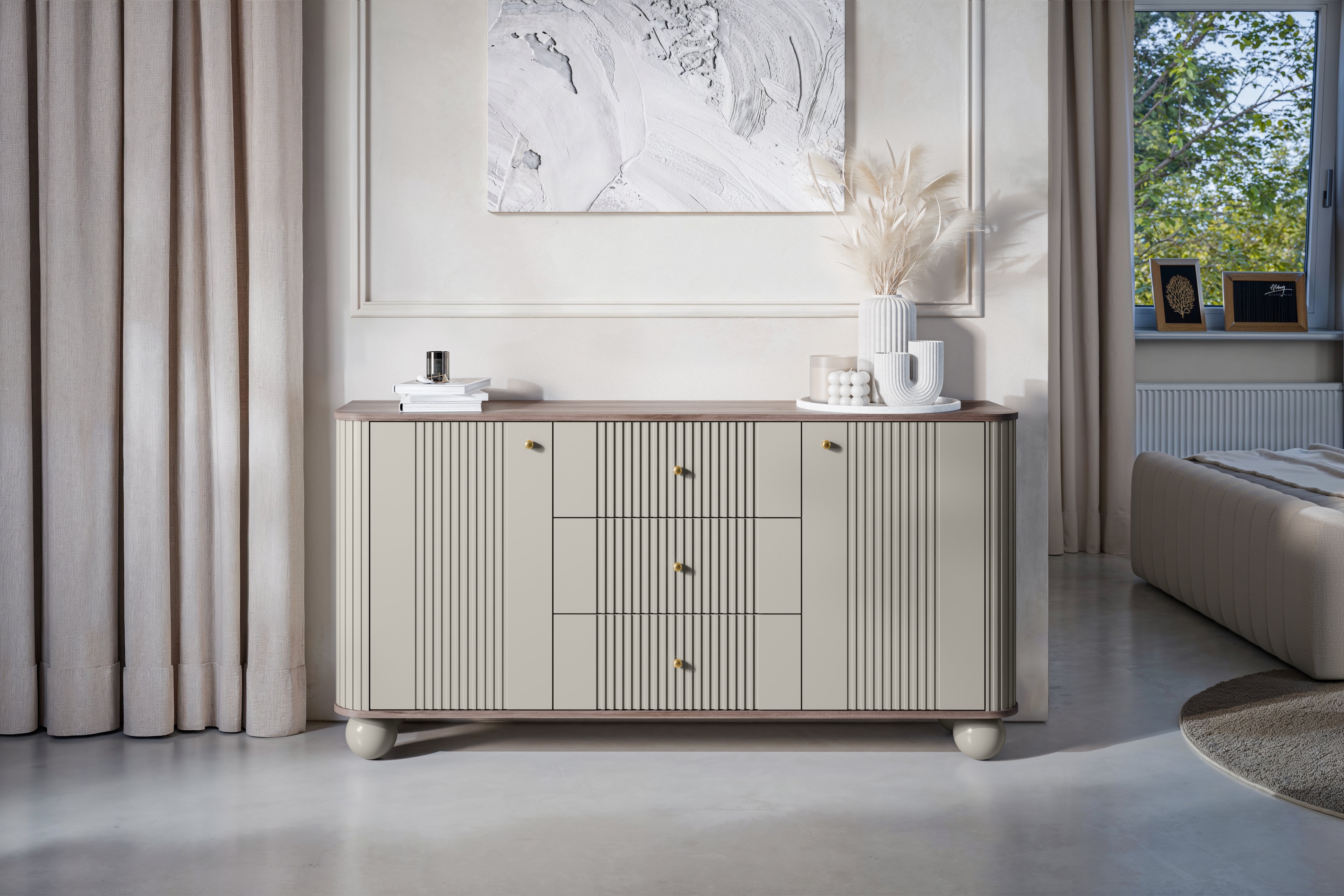 Komoda Vespera 160 cm so zásuvkami - kašmírová / orech / zlatá / kašmírové nohy Komoda so zásuvkami Verspera 160 cm - kašmír / Orech / zlote úchyty / kaszmirowe nožičky kule