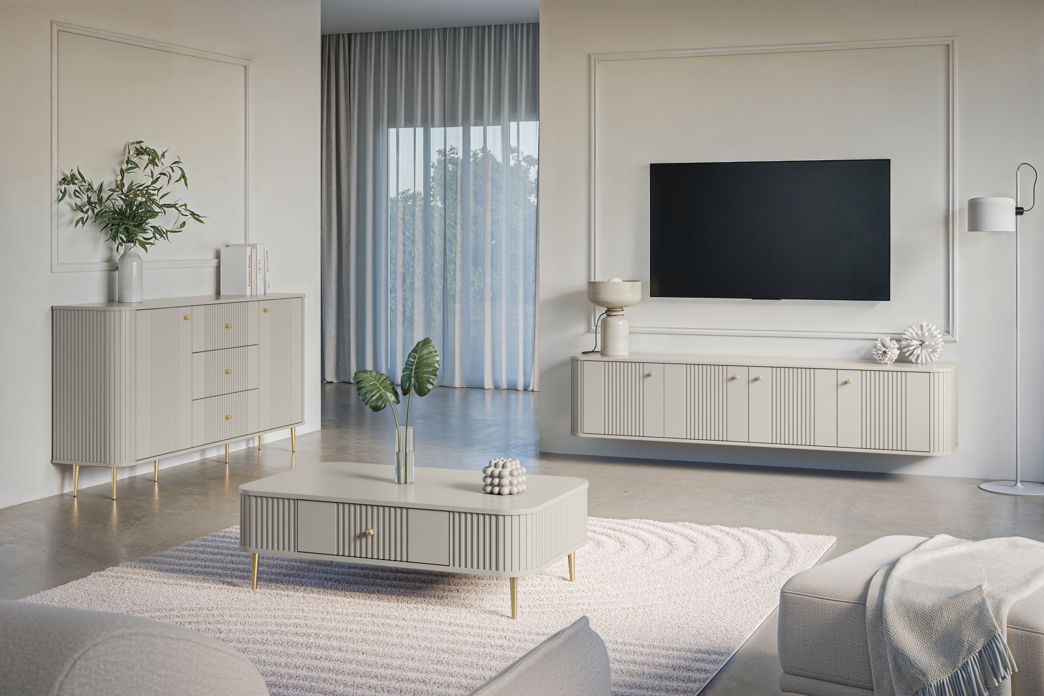 Komoda Vespera 160 cm so zásuvkami - kašmírová / zlaté nožičky Komoda so zásuvkami Verspera 160 cm - kašmír / zlote nožičky