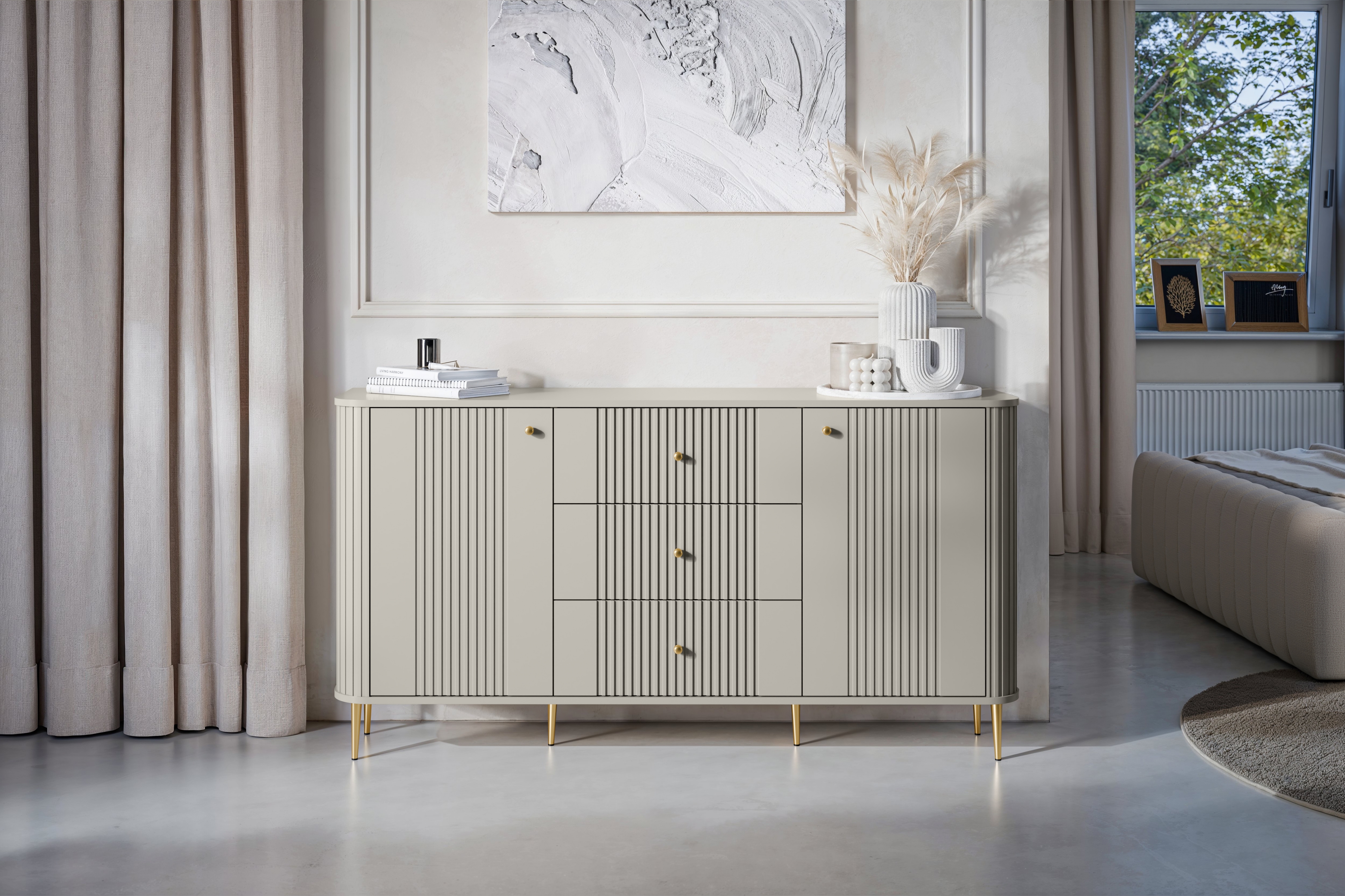 Komoda Vespera 160 cm so zásuvkami - kašmírová / zlaté nožičky Komoda so zásuvkami Verspera 160 cm - kašmír / zlote nožičky