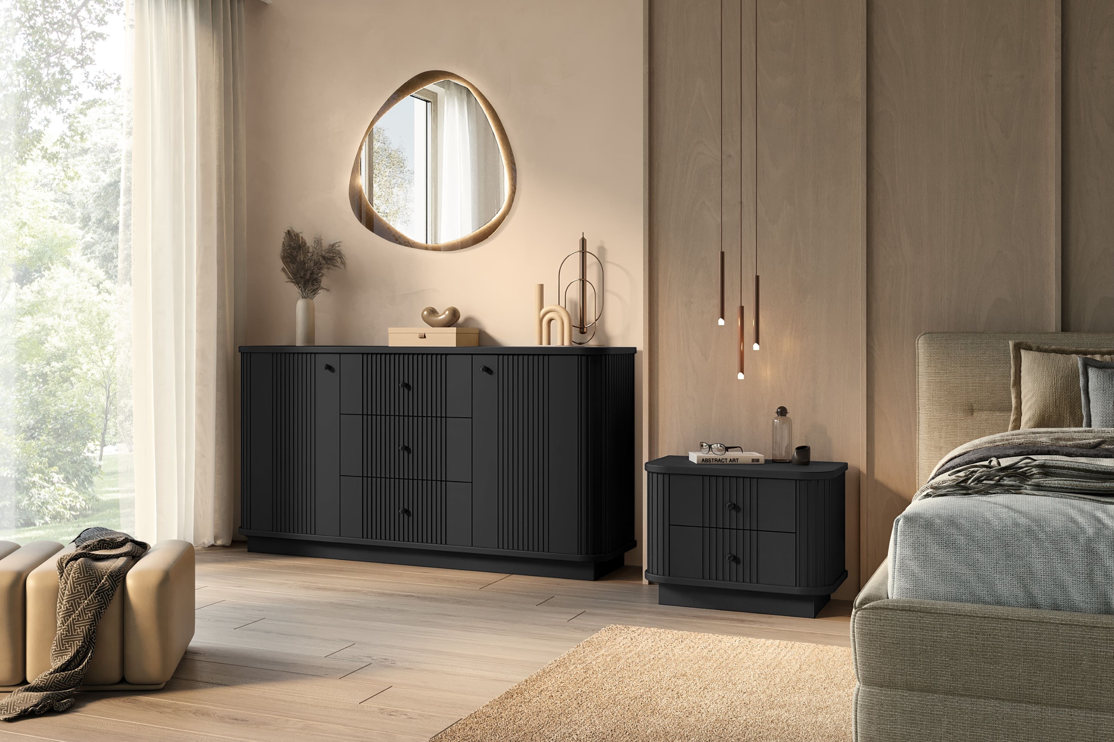 Komoda Vesper 160 cm se zásuvkami - černá / černé úchytky Komoda se zásuvkami Vesper 160 cm - černá / černá Úchytky