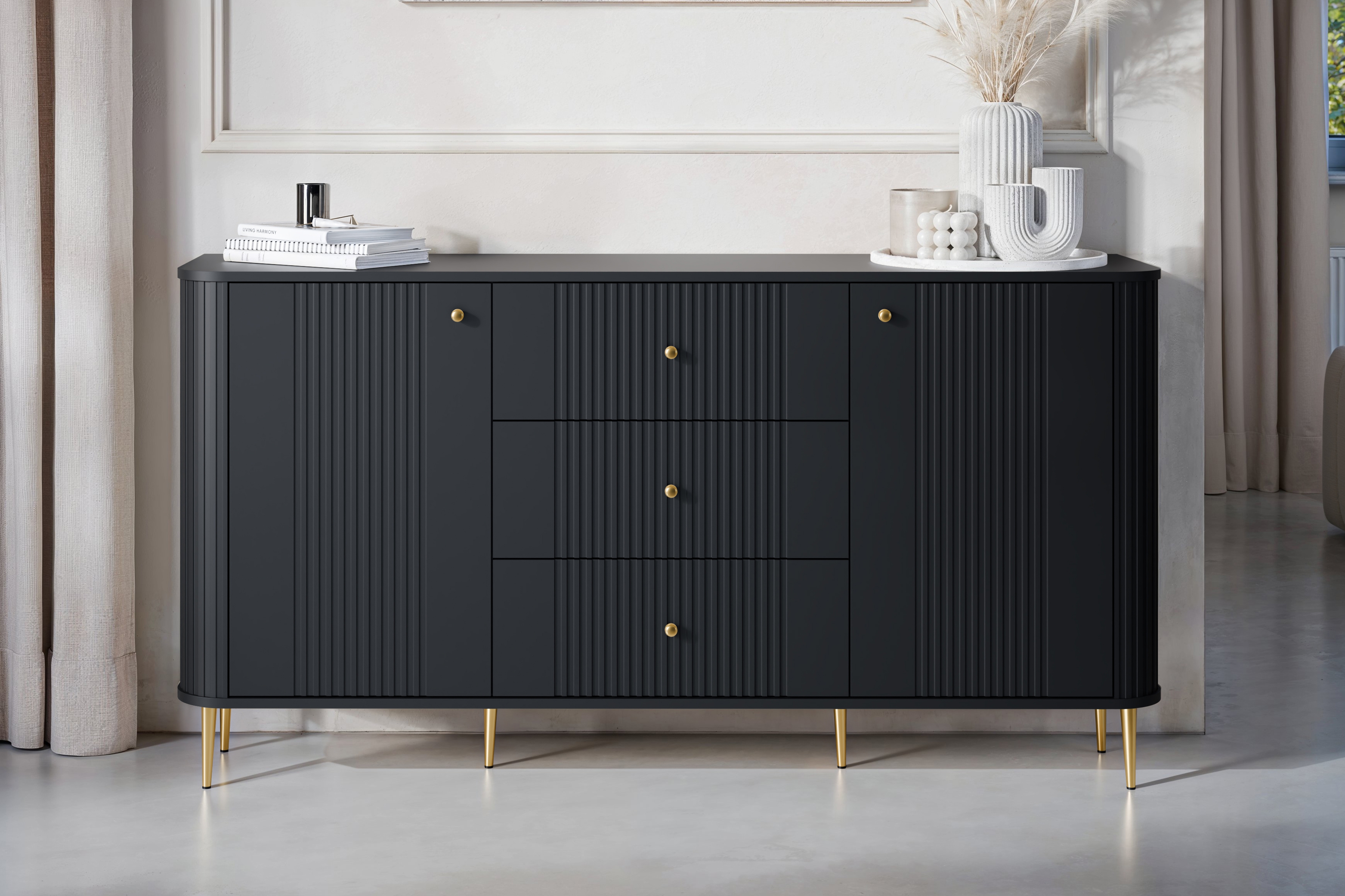 Komoda Vespera 160 cm so zásuvkami - čierna / zlaté nožičky Komoda so zásuvkami Vesper 160 cm - Čierny / zlote nožičky