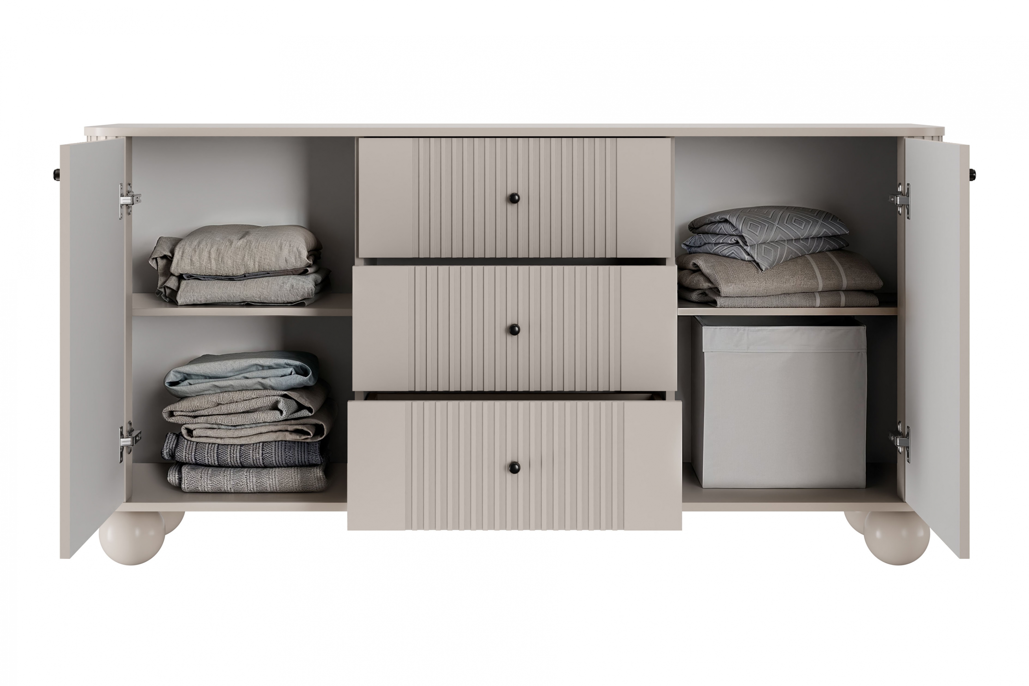 Komoda Vespera 160 cm so zásuvkami - kašmírová / čierna / kašmírové nohy Komoda so zásuvkami Vesper 160 cm - kašmír / čierny úchyty / nožičky kule