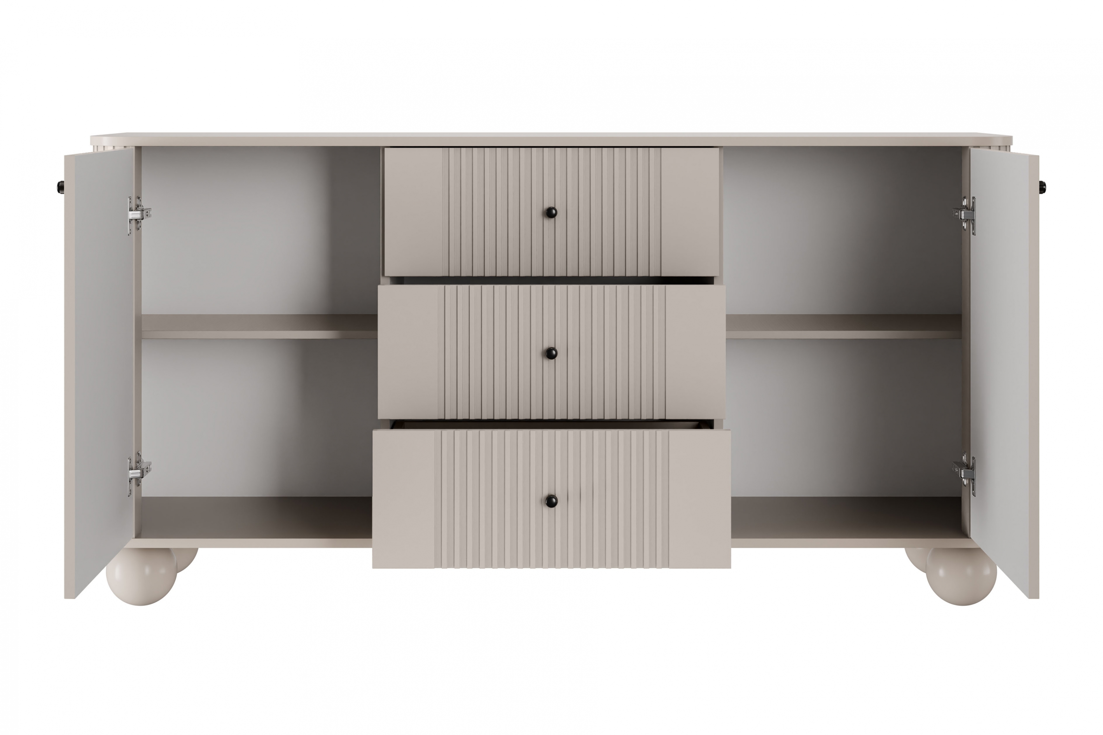 Komoda Vespera 160 cm so zásuvkami - kašmírová / čierna / kašmírové nohy Komoda so zásuvkami Vesper 160 cm - kašmír / čierny úchyty / nožičky kule