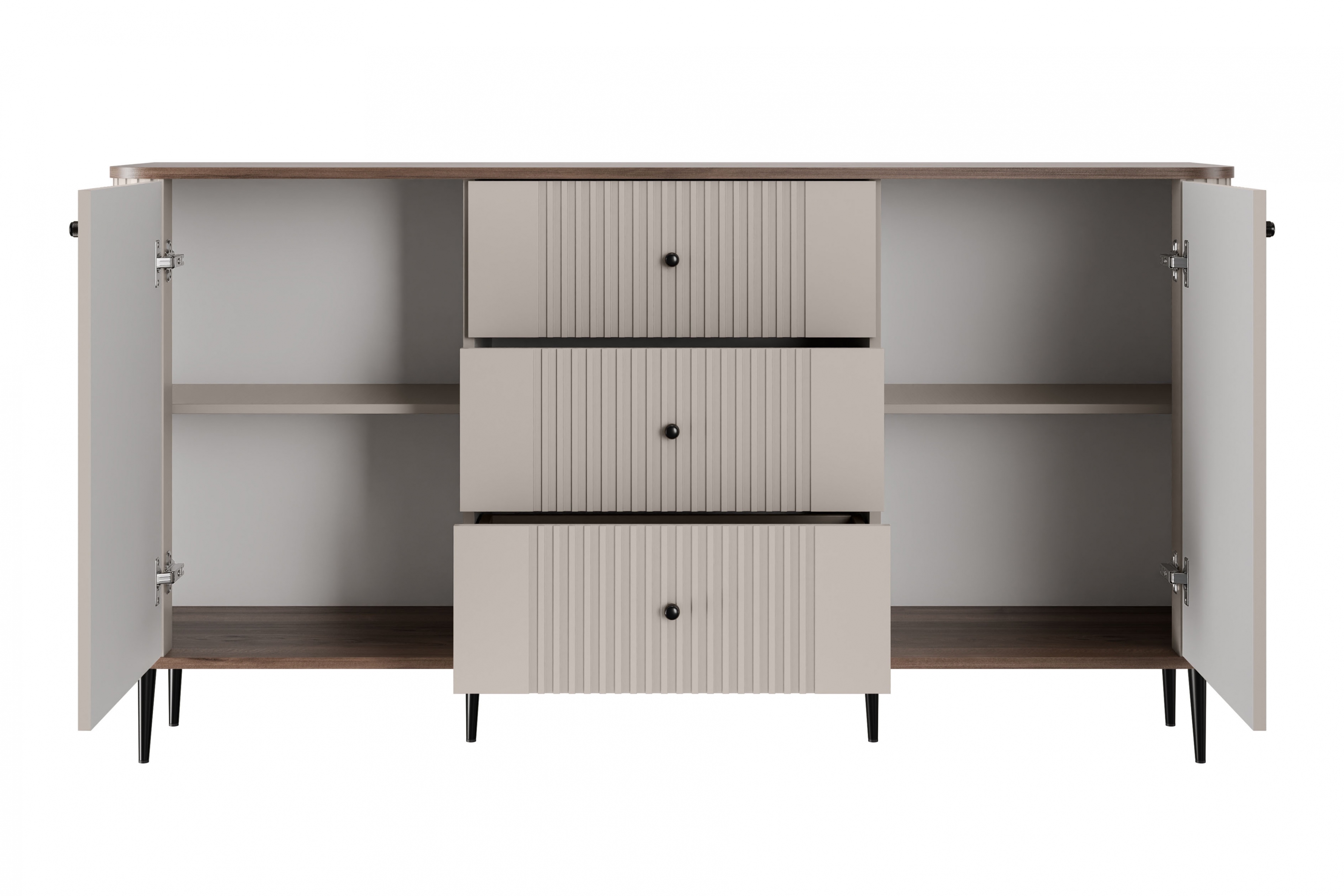 Komoda Vespera 160 cm so zásuvkami - kašmírová / orech / čierne nožičky Komoda so zásuvkami Vesper 160 cm - kašmír / Orech / čierny nožičky