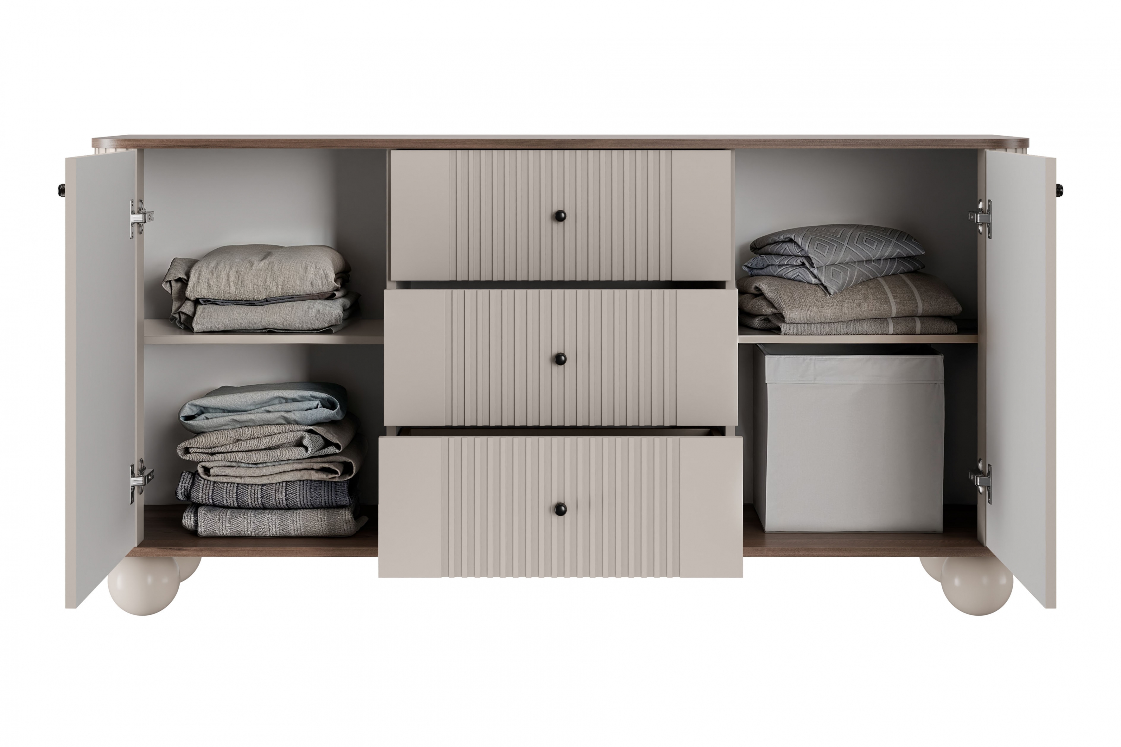 Komoda Vespera 160 cm so zásuvkami - kašmírová / orech / čierna / kašmírové nohy Komoda so zásuvkami Vesper 160 cm - kašmír / Orech / čierny úchyty / nožičky kule