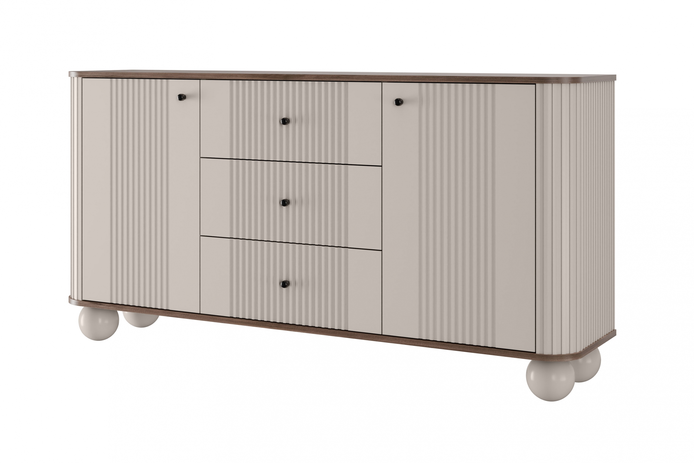 Komoda Vespera 160 cm so zásuvkami - kašmírová / orech / čierna / kašmírové nohy Komoda so zásuvkami Vesper 160 cm - kašmír / Orech / čierny úchyty / nožičky kule